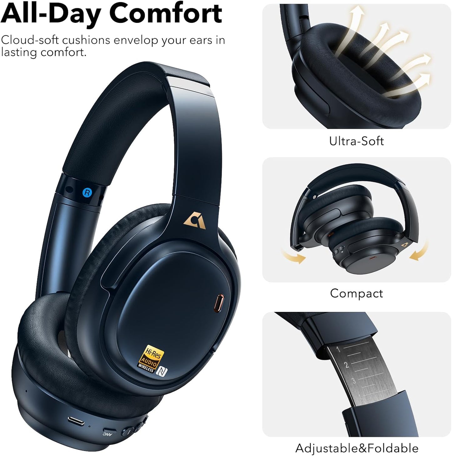 1Mii AI E700 Hybrid Active Noise Cancelling Headphones, Bluetooth Over Ear, Wireless Hi-Res Audio with LDAC & aptX Low Latency for Airplane Travel & Home TV, AI Translation & Custom EQ via APP, Blue