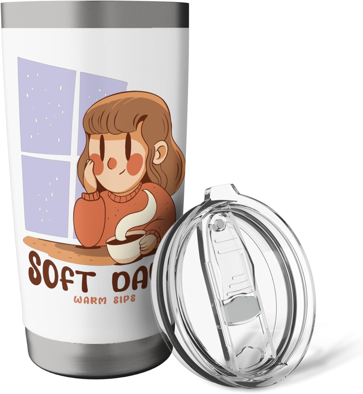 Soft Days Warm Sips Cozy Girl Rainy Hygge Vibe Winter Coffee Stainless Steel Insulated Tumbler