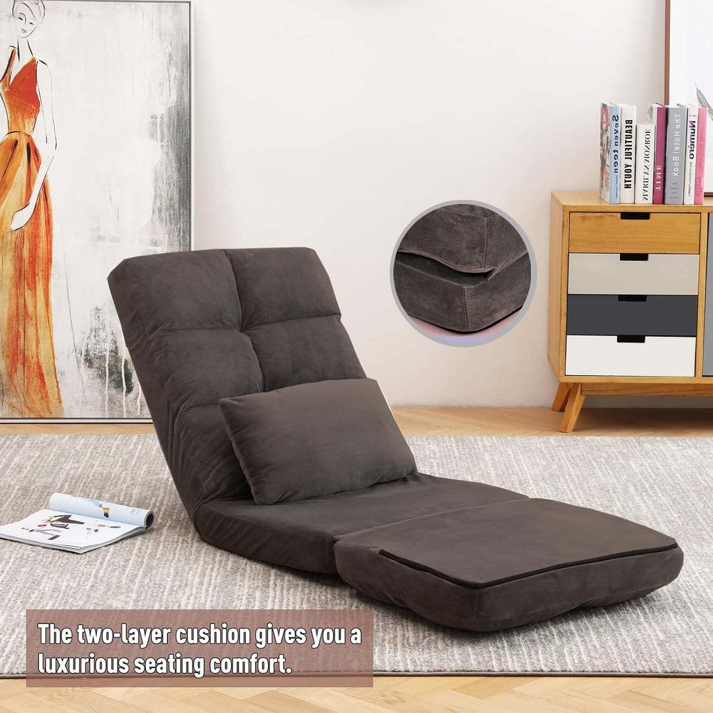 Indoor Floor Chaise Lounge Sofa Chair for Adults, 14-Angle Adjustable Recliner with Back Support & Pillow, Foldable Floor Lounger, Comfort for Living Room, Reading, Relax -Brown