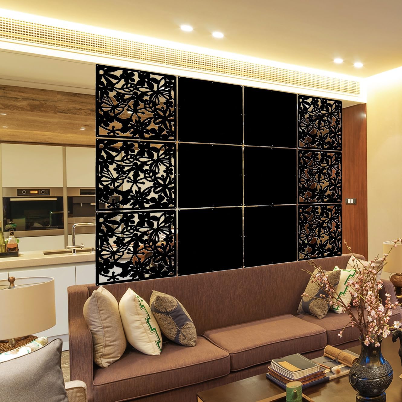 LRZCGB Hanging Room Divider,12pcs PVC Black Panel Screen Solid for Decorating Living, Dining, Study and Sitting-Room, Hotel(Black+Solid Board)