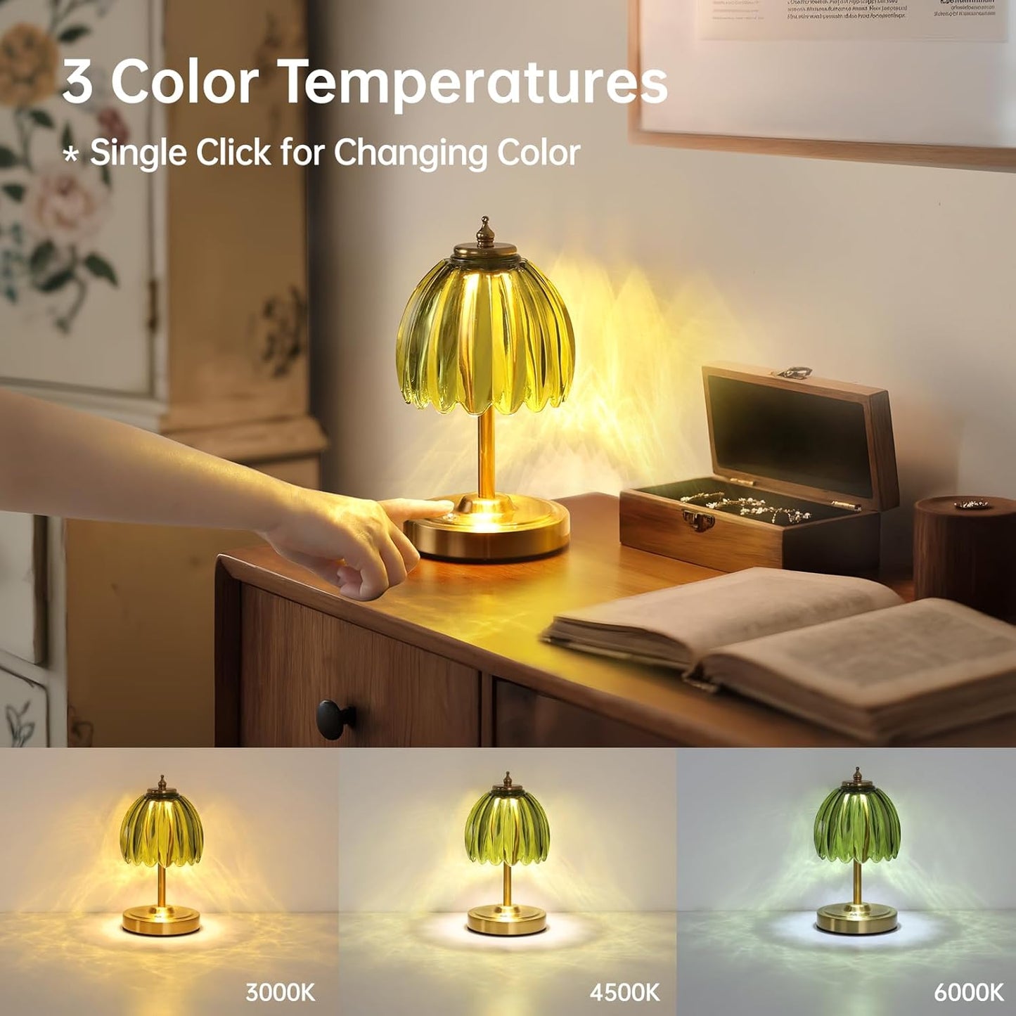 Tulip Small Table Lamp, 5200mAh Cordless Touch Control Mini Table Lamp with 3 Color Temps & Stepless Dimming, Perfect for Small Spaces Like Dressers, Bedsides, Bookshelves (Green Tulip)