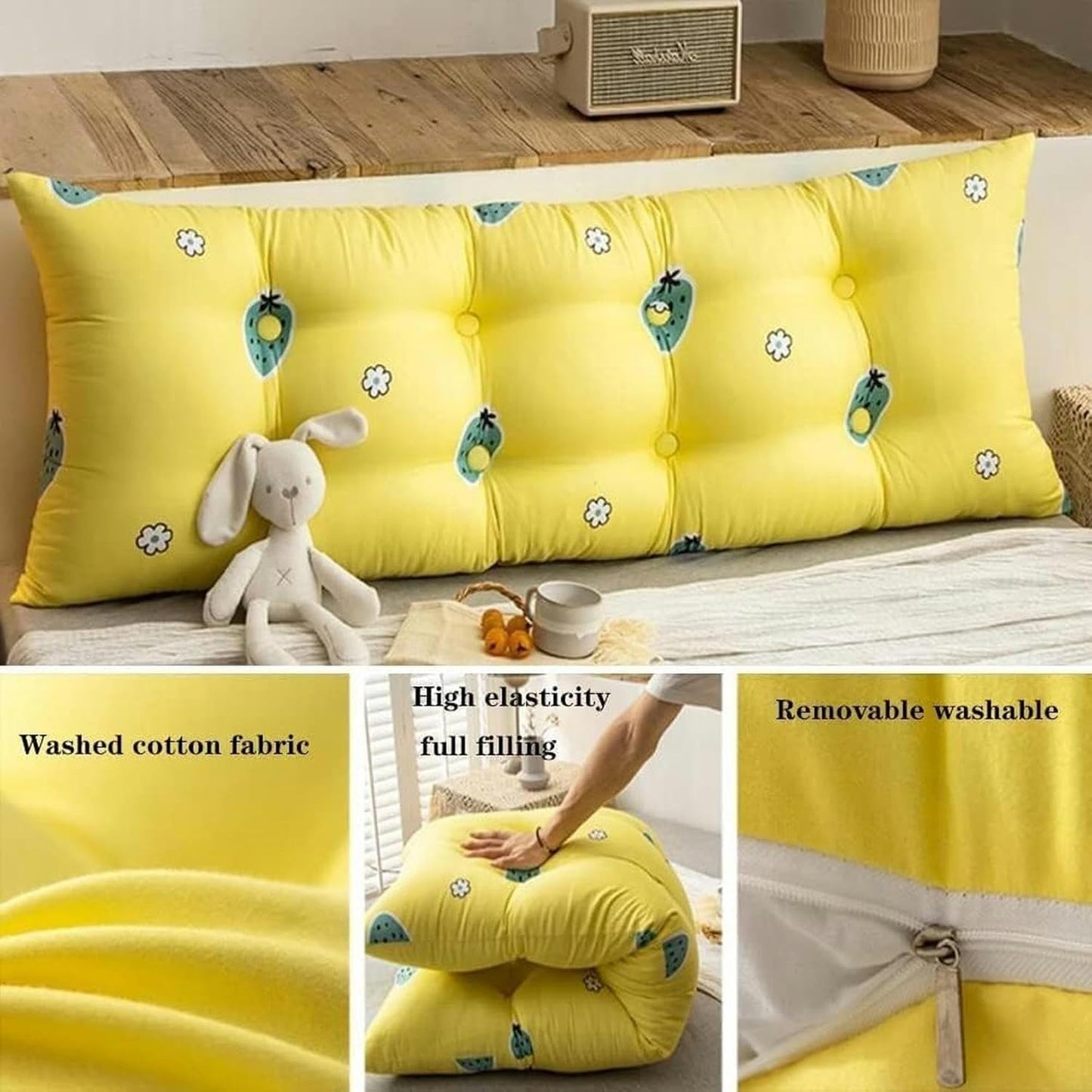 Shaped Reading Pillow, Detachable Support Strip Pillow Pregnant Women Pillow Cute Bed Head Slabs Bedside Cushion Pads Bed Rest Pillows(Yellow,100 * 20 * 50cm)