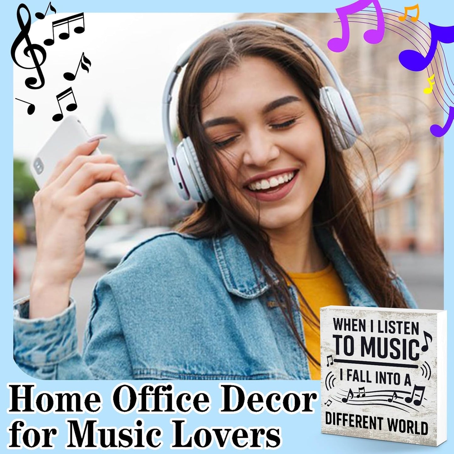 Music Desk Sign for Home Office Classroom, Musical Decor Room Decorations Accessories for Women Men Teacher, Table Shelf Musician Gift, Fall Into A Different World