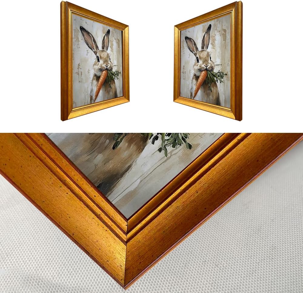 Cute Easter Bunny Reading Book Oil Painting Vintage Gold Framed Wall Art Tiny Rabbig Big Glasses Canvas Print Spring Nursery Decor for Kids Room Study Room Bedroom