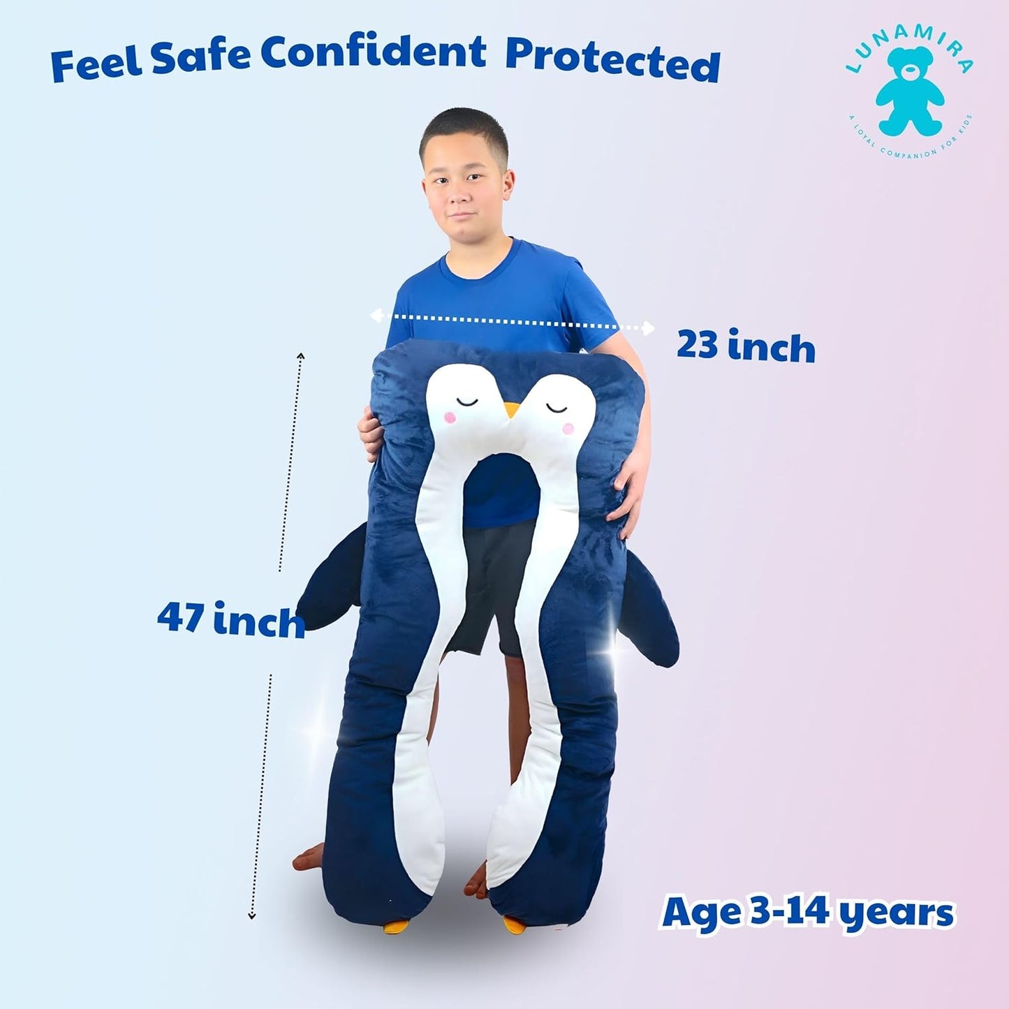 LUNAMIRA Penguin Kids Body Pillow - 47" U-Shape Long Plush Animal Pillow for Kids, Sleeping, Reading, ADHD & Special Needs Comfort, Anxiety, Washable Cover, Snuggle Fun Cuddle Gift for Boys & Girls