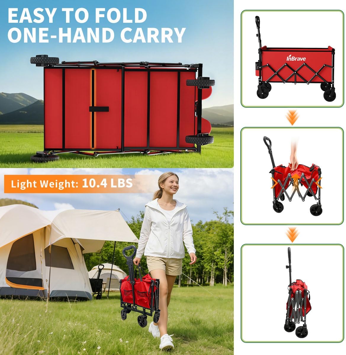 Collapsible Wagon Cart, 380LBS Heavy Duty Utility Wagons with All-Terrain Wheels, Foldable Grocery Carts for Gardening, Shopping, Beach, Camping,Red
