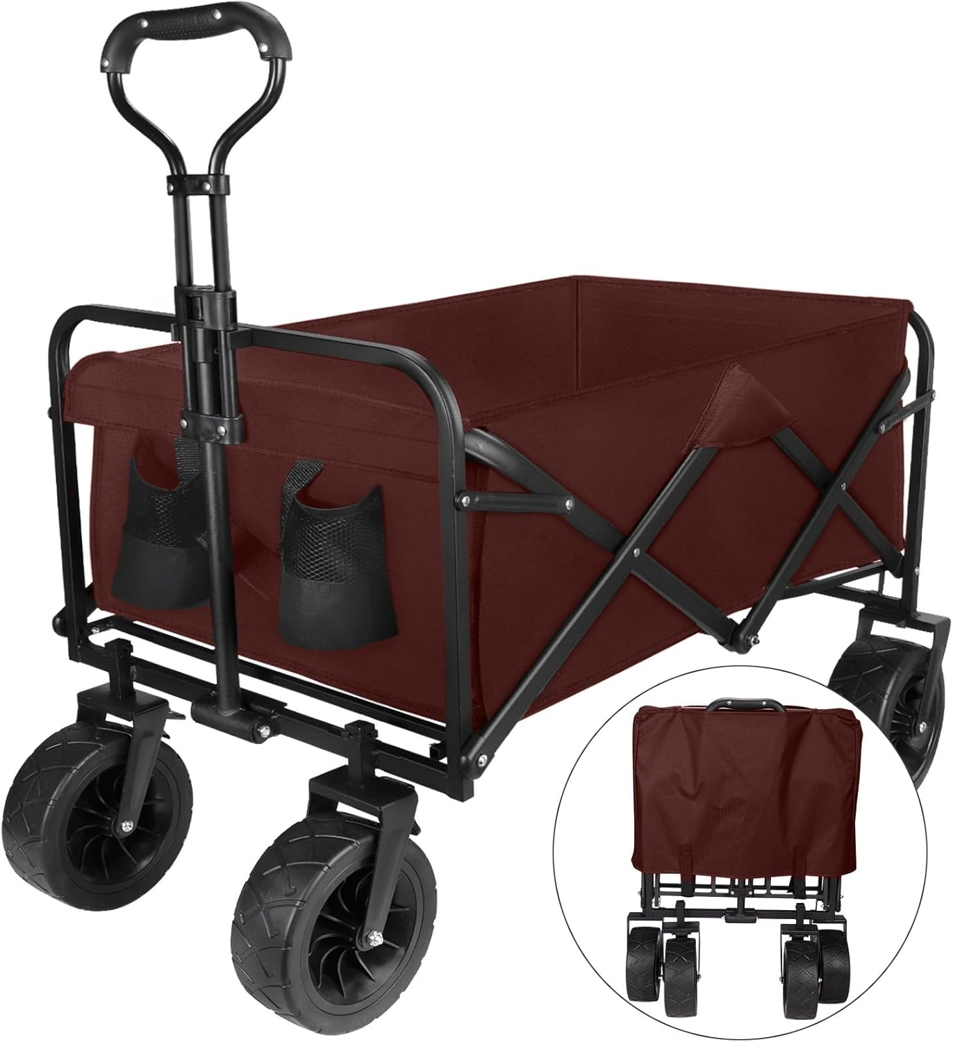 cjc 330LBS Collapsible Folding Wagon Cart,150L Capacity Outdoor Utility Wagons Carts Foldable with All Terrain Wide Wheels & Brakes, 600D Oxford Heavy-Duty Wagon for Camping Beach Garden(Brown)