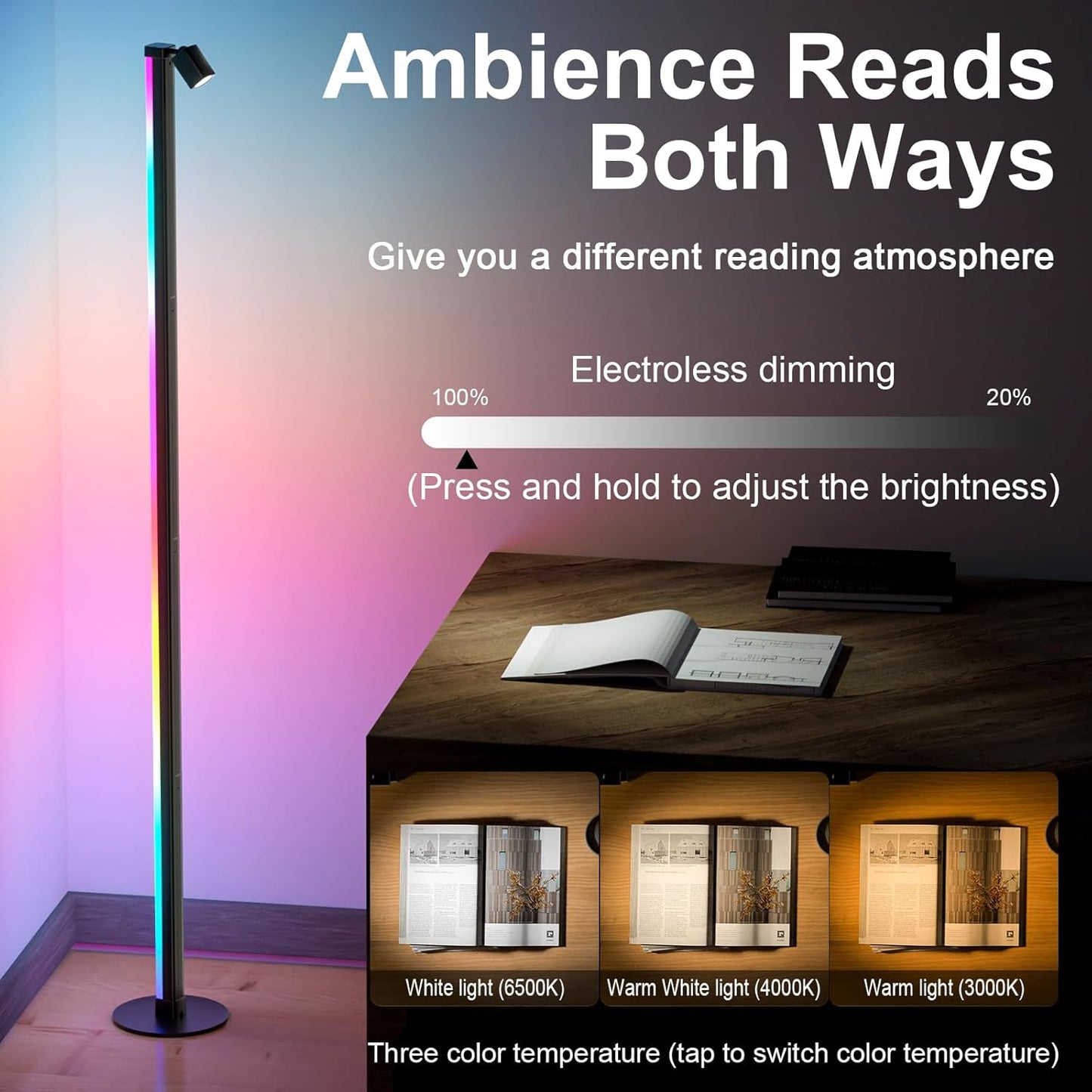 Reading RGB&IC Floor Lamp, Smart LED Floor Lamp with Music Sync 1000 Lumens Main Light & 100 Lumens Independent Reading Light 16 Million DIY Colors Black Standing Lamp for Living Room or Bedroom