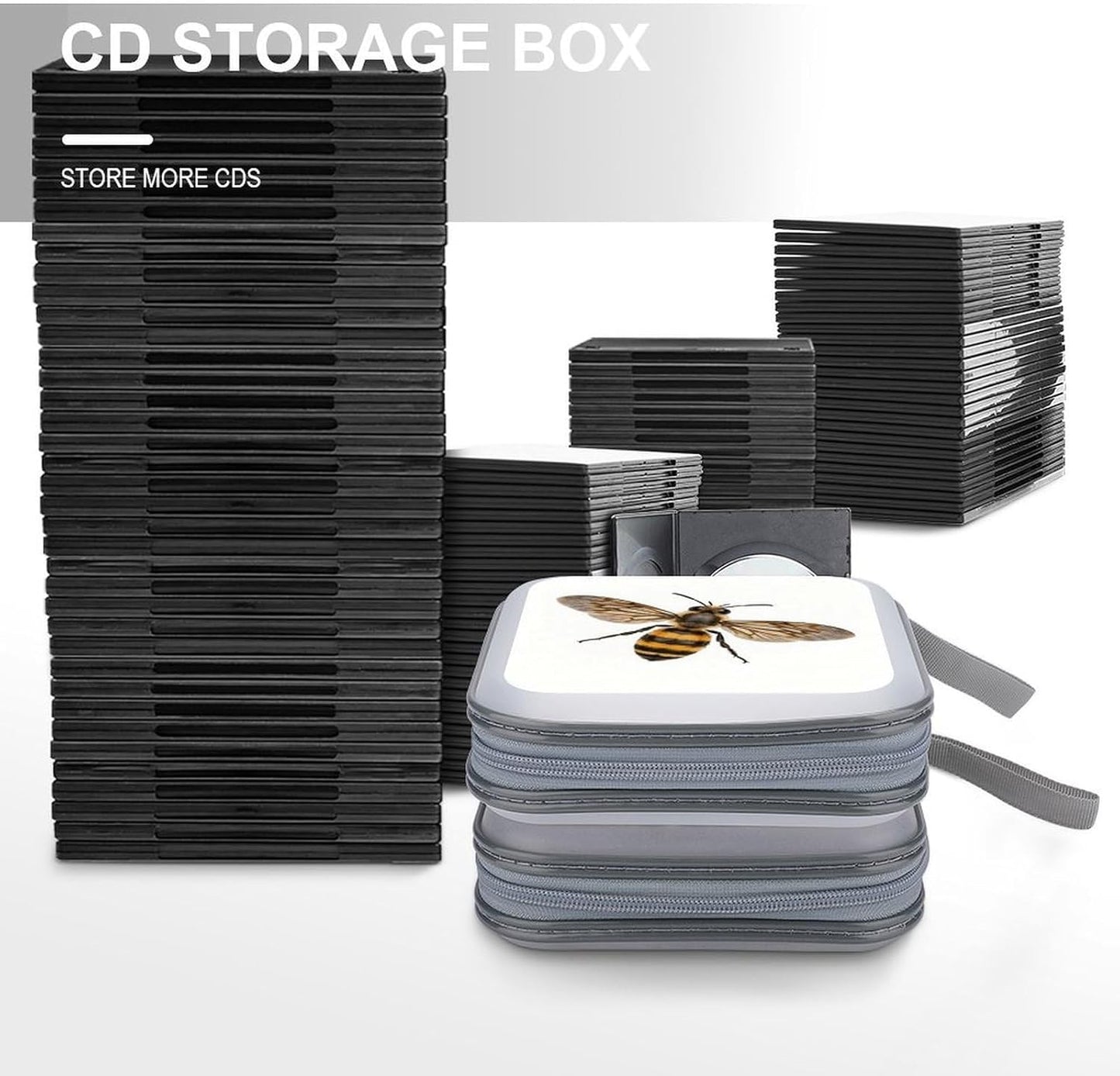 Bee CD Case Portable Zipper CD Case 40 Capacity Hard Plastic DVD Cases Holder Large Storage Disc Wallet Bag for Car Home Travel DVD Collection Bag