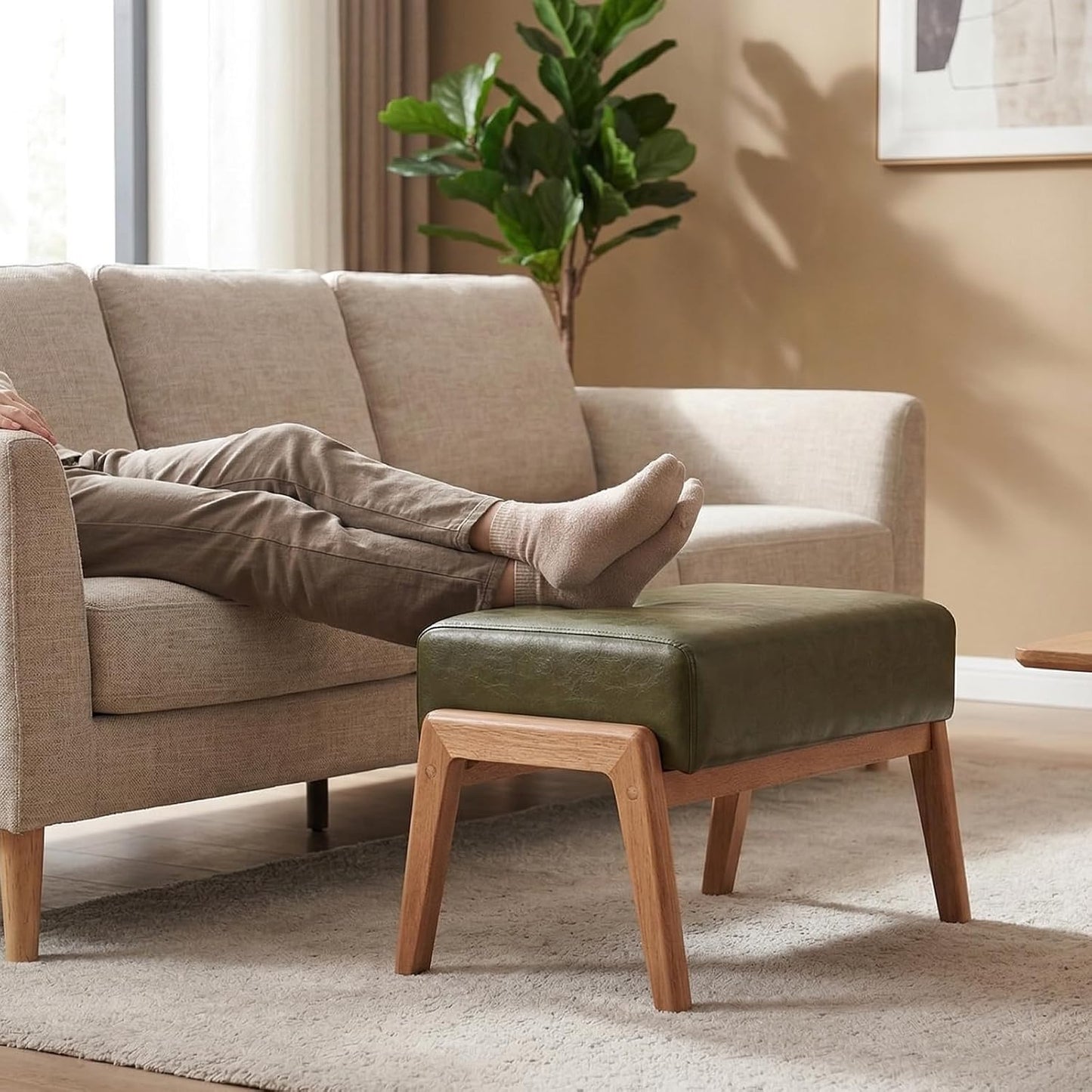 Modern Ottoman Foot Stool, Faux Leather Accent Sofa Footrest with Walnut Rubber Wood Frame, Ottoman Bench for Living Room Entryway Bedroom Sofa Seat, Hunter Green