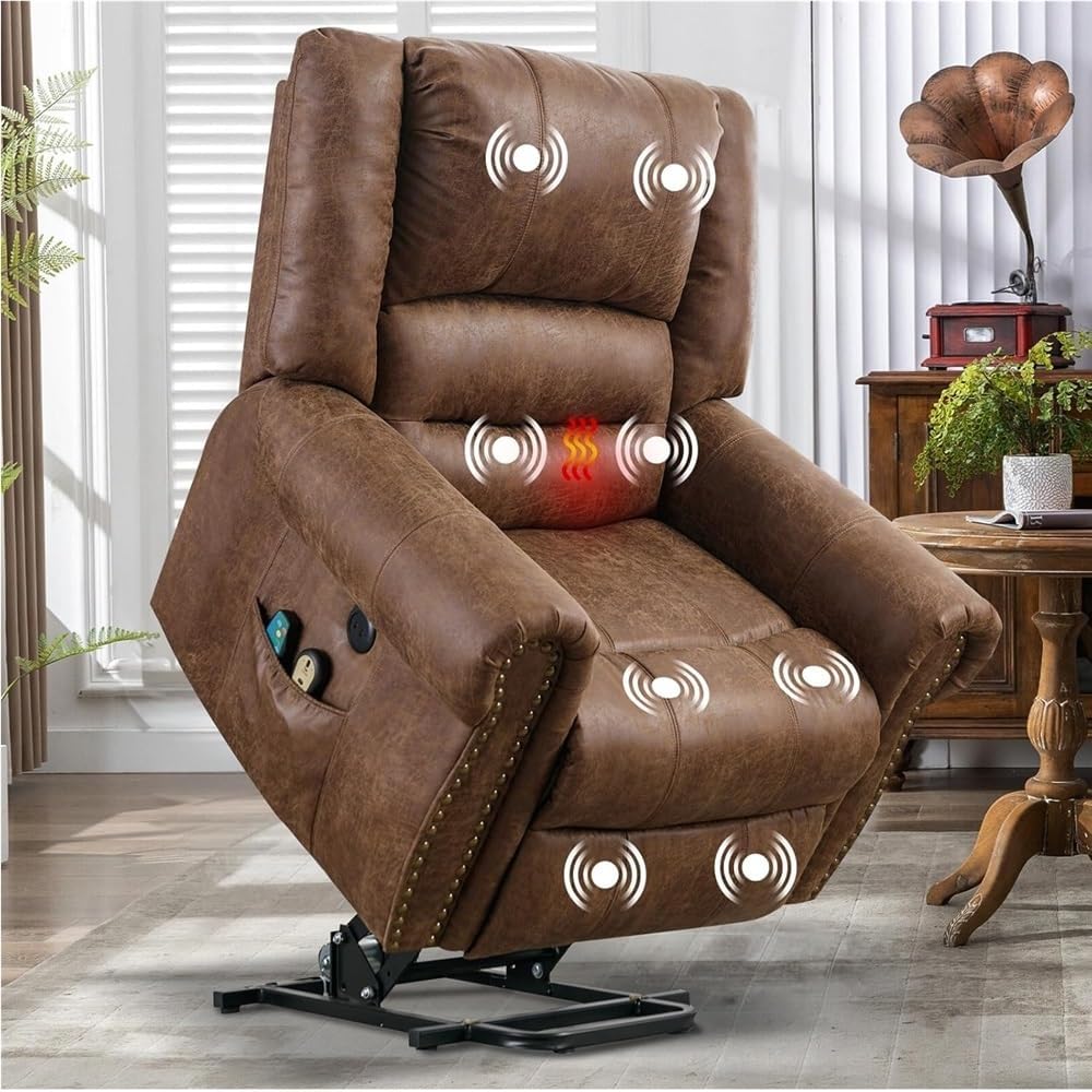Power Lift Recliner Chair for Elderly, Electric Brown Leather Recliner with Heat and Massage and USB Charging Port, Adjustable Living Room Lounge Chair with Stand Assistance