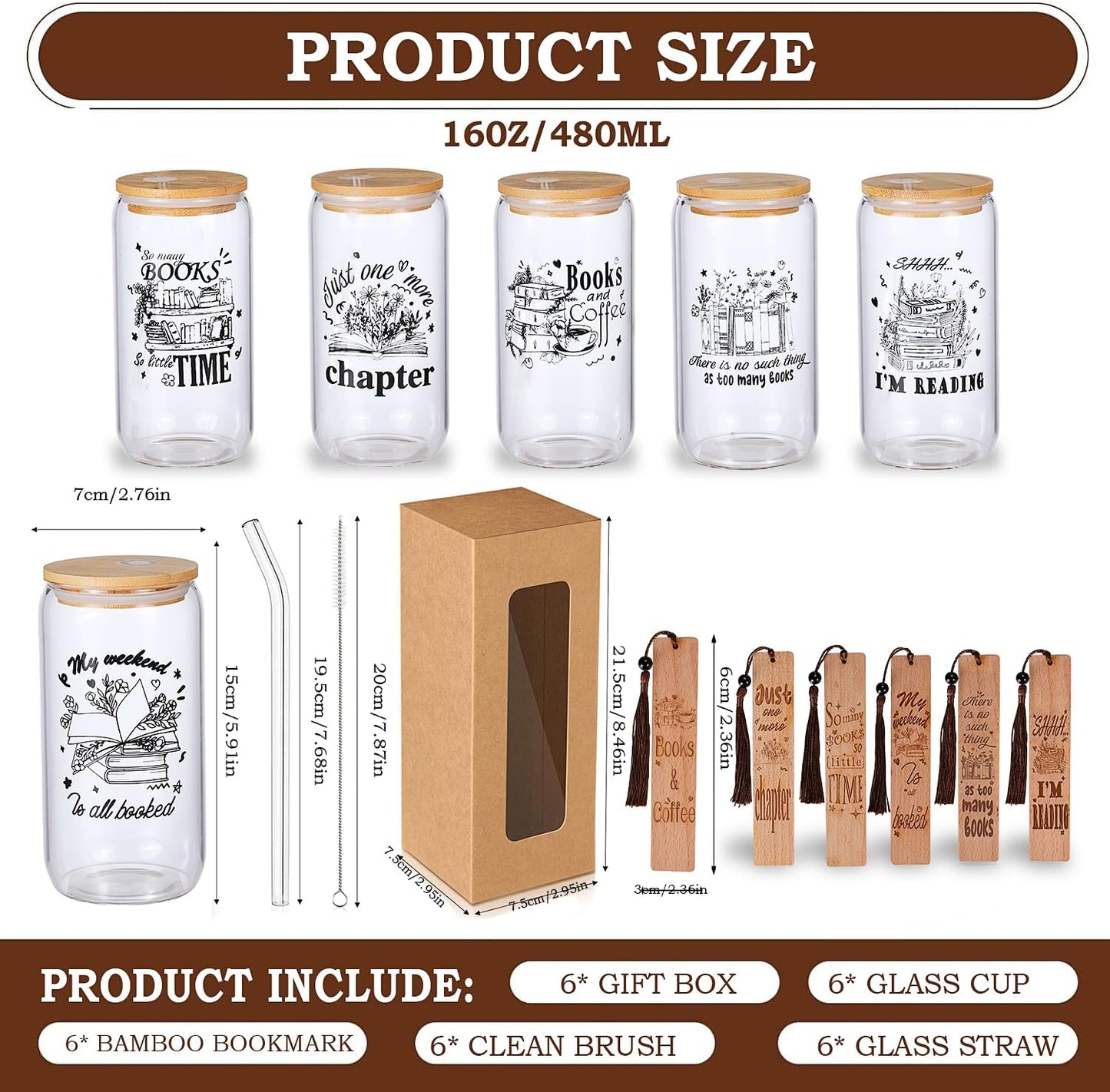 Book Club Gifts Bulk For Book Lovers Bookworms Nerd Readers Friend Men Or Women,Valentines Day Gifts 6 PCS Book Theme 16 OZ Glass Cups,Wooden Bookmark With Box,Cool Book Stuff Appreciation Basket