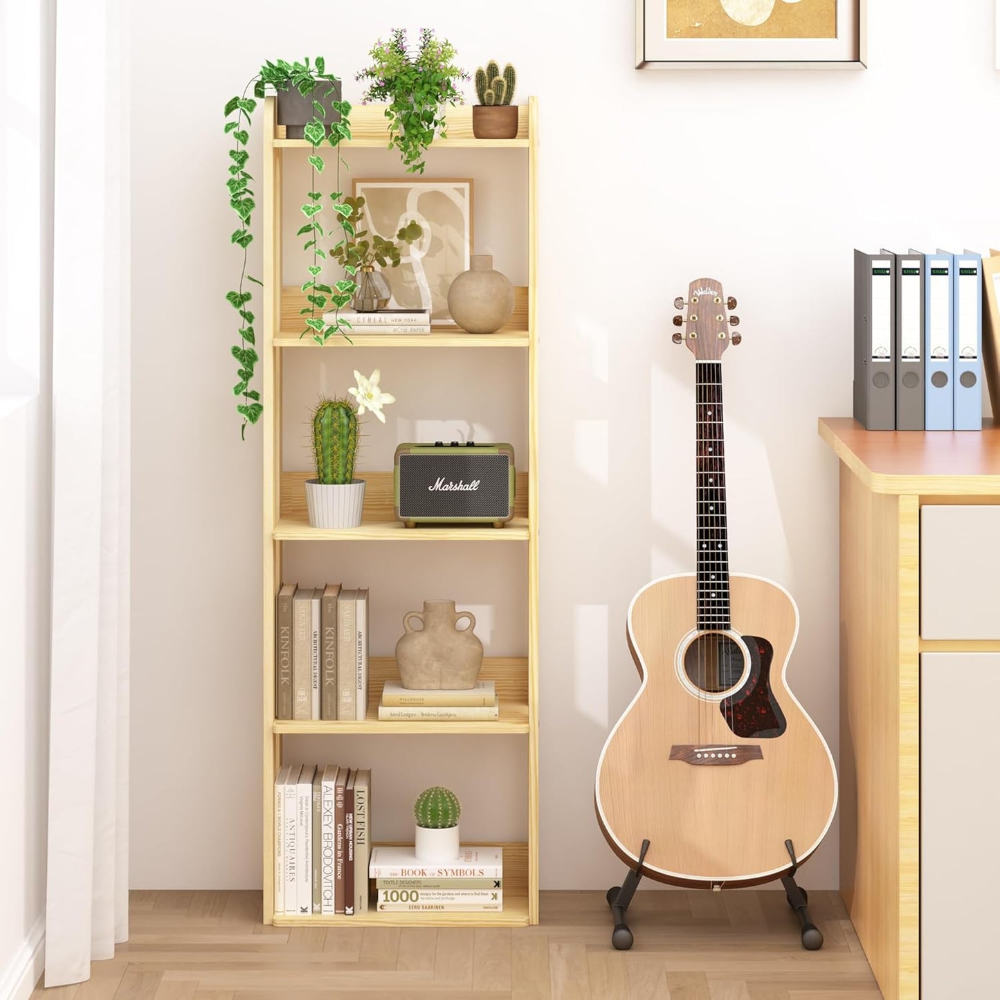 5 Tier Tall Solid Wood Bookshelf - Narrow Open Shelf Wooden Bookcase, Floor Standing Display Storage Rack Bookshelves, Large Rustic Corner Book Storage Organizer for Bedroom, Study Home Office