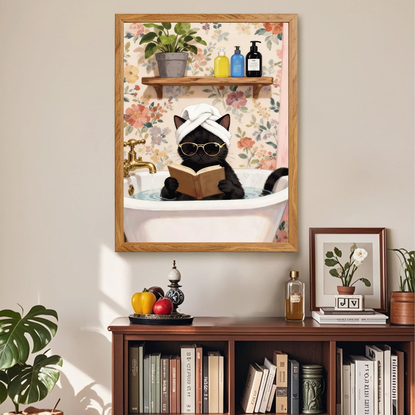 Framed Funny Cat Wall Art, 12" x 16" Canvas Tub Black Cat Reading Books Bathroom Wall Art, Vintage Aesthetic Lover Animal Prints for Room Bedroom Bathroom Living Room Home Office