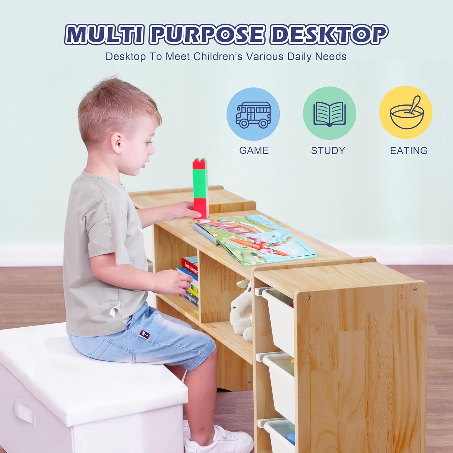 MallBest Montessori Shelf for Kids - 100% Solid Pine Wood with 6 Removable Plastic Bins, Toy Storage Organizer Cabinet for Playroom, Bedroom & Nursery (Natural)