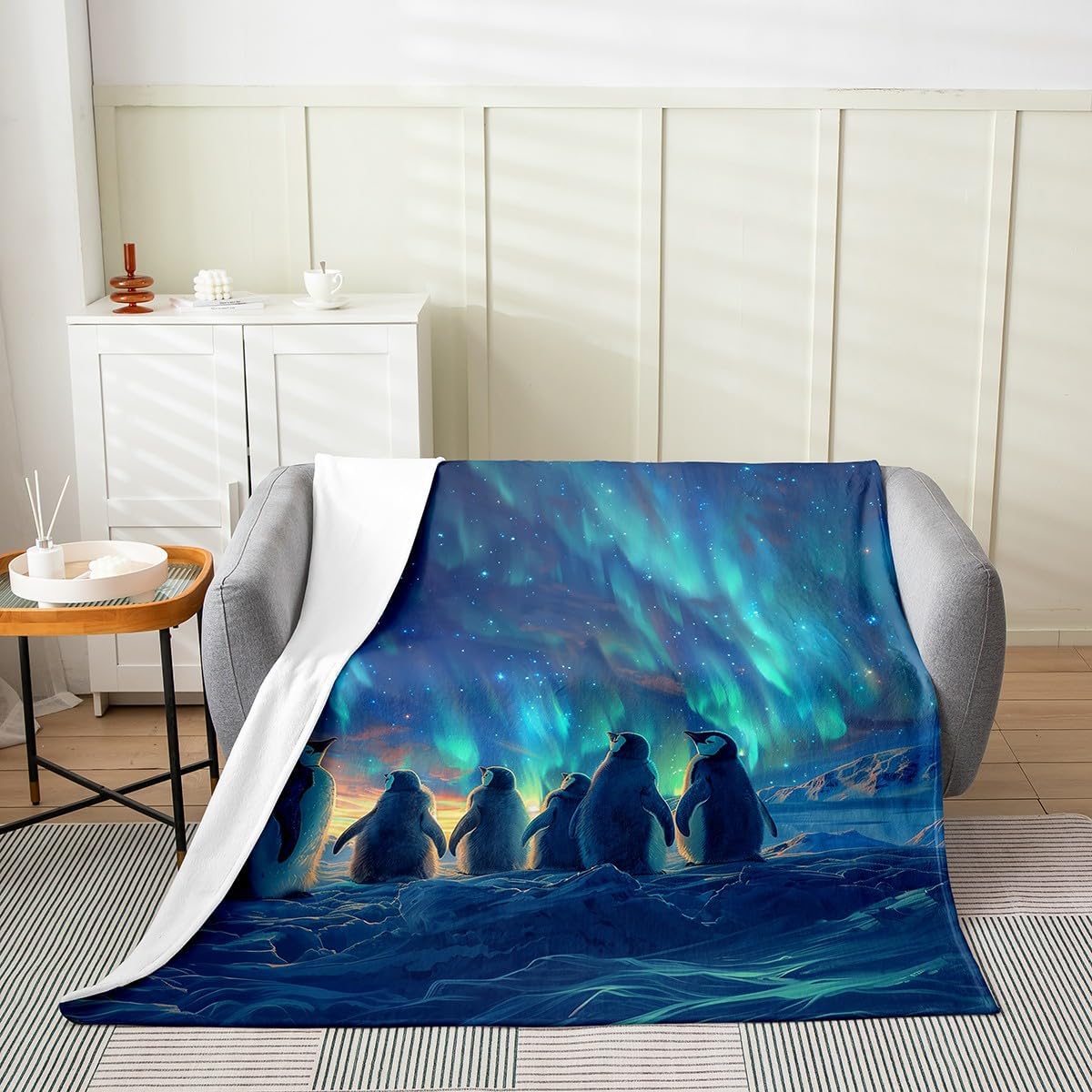 Erosebridal Penguin Throw Blanket for Kids Boys Girls 3D Penguin Print Fleece Blanket Twin 60X80 Cute Antarctic Animals Fuzzy Blanket Teal Blue Sky Flannel Blanket Iceberg Galaxy Landscape Blanket