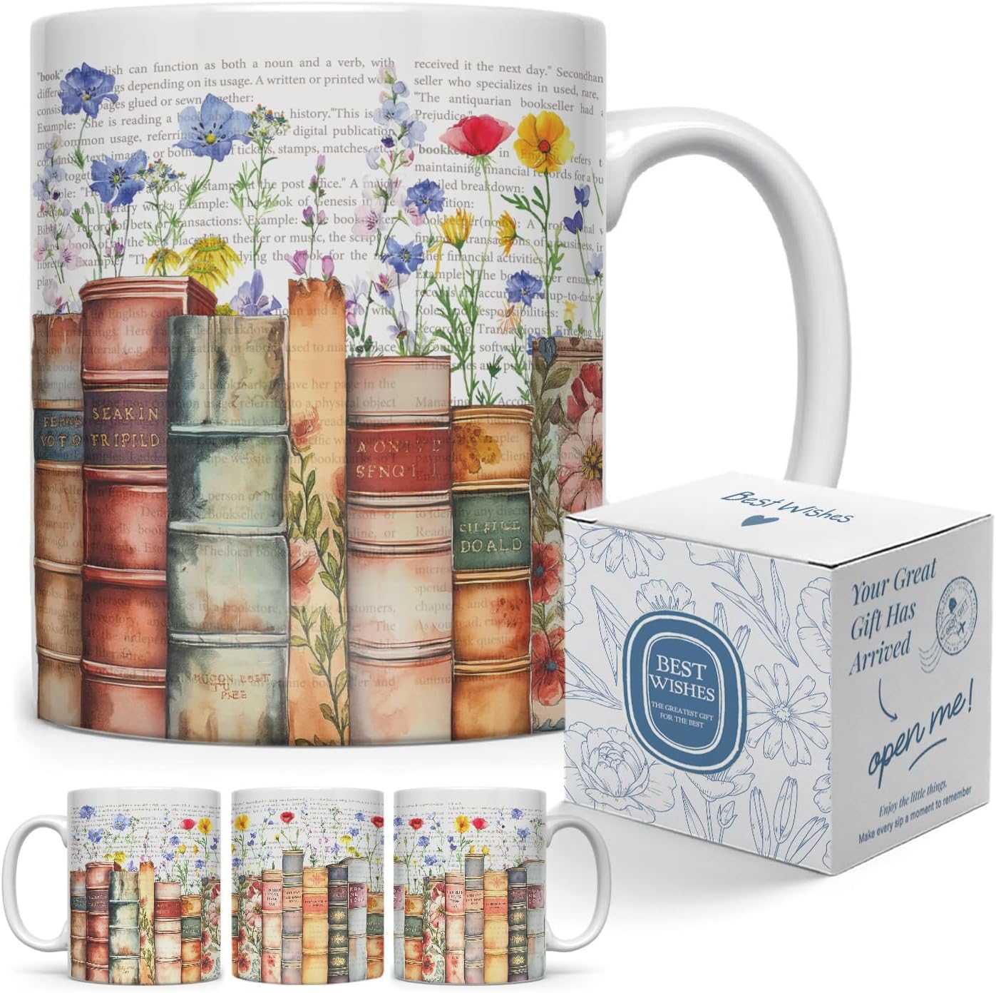 Book & Flowers Coffee Mug 11Oz, Booklovers Gifts for Women Librarian Writer Friends, Creative Book Club Present for Readers Bookish, Novelty Gifts for Birthday Christmas