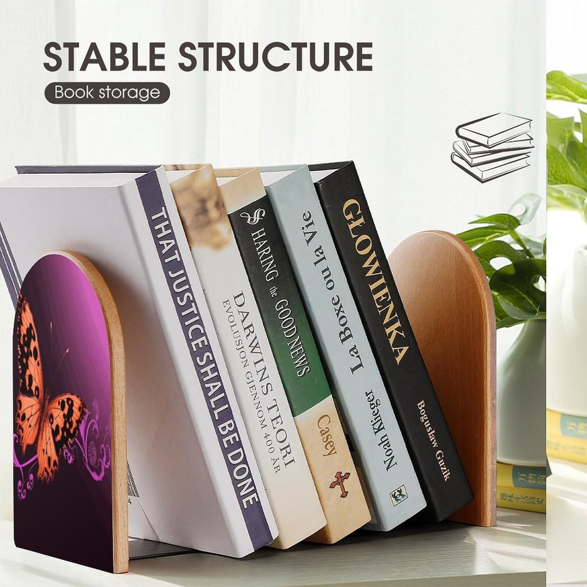Non-Slip Bookend for Shelves Nice Butterfly Wooden Bookends with Metal Base Decorative Book Stopper for Home Heavy Duty Wood Book Storage for Books/CDs