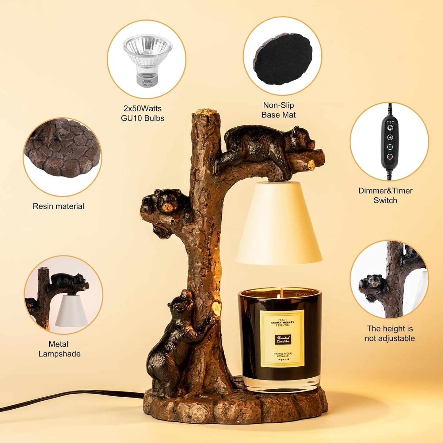Adorable Bear-Themed Candle Warmer Lamp – Handcrafted Design with Timer & Dimmer, Includes 2 Free Bulbs ， Home Decor & Scented Wax Melting