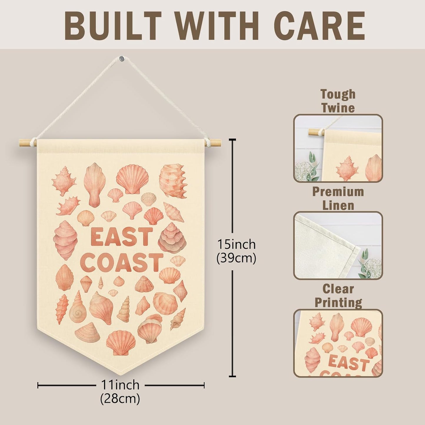 Pink East Coast Seashell Girly Room Decor, Coastal Beach Ocean Kids Banner Canvas, Preppy Sea Nursery Wall Hanging Frame Decor Art Pennant Flag for Beachy Toddler Room Playroom Dorm 11x15in