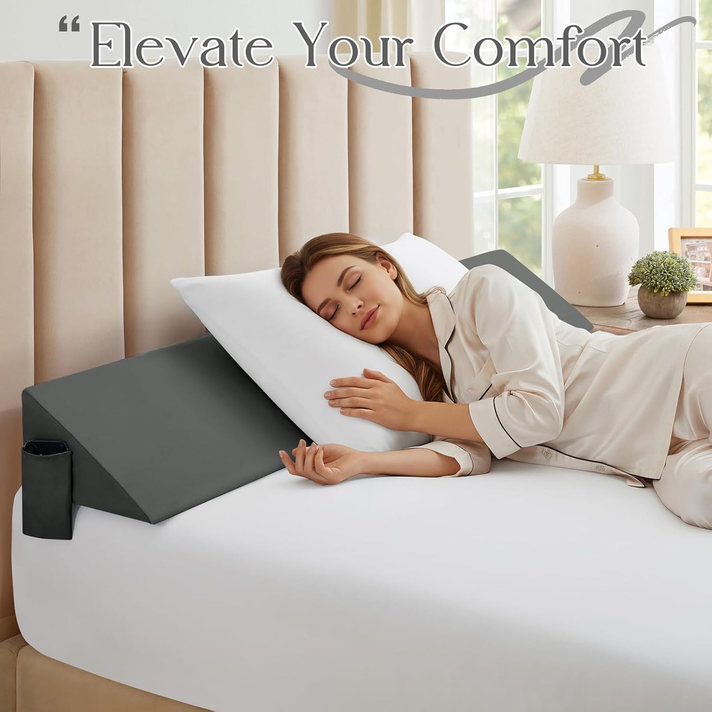 INVGEEXI Dark Grey Queen Size Bed Wedge Pillow Cover with Side Pocket, Soft & Breathable Microfiber Headboard Wedge Pillow Case Cover for Headboard Gap, 60" L x 10" W x 6" H (Pillow Not Include)