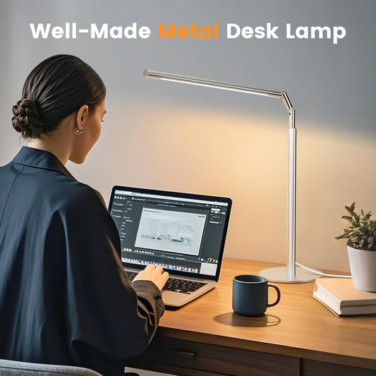 Metal Desk Lamp for Home Office - 16'' Foldable LED Desk Light for Reading, 4 Color Temps, 15W 1200Lm Dimmable Table Lamp with Flexible Arm, Task Lamp for College Dorm Study Painting, Silver