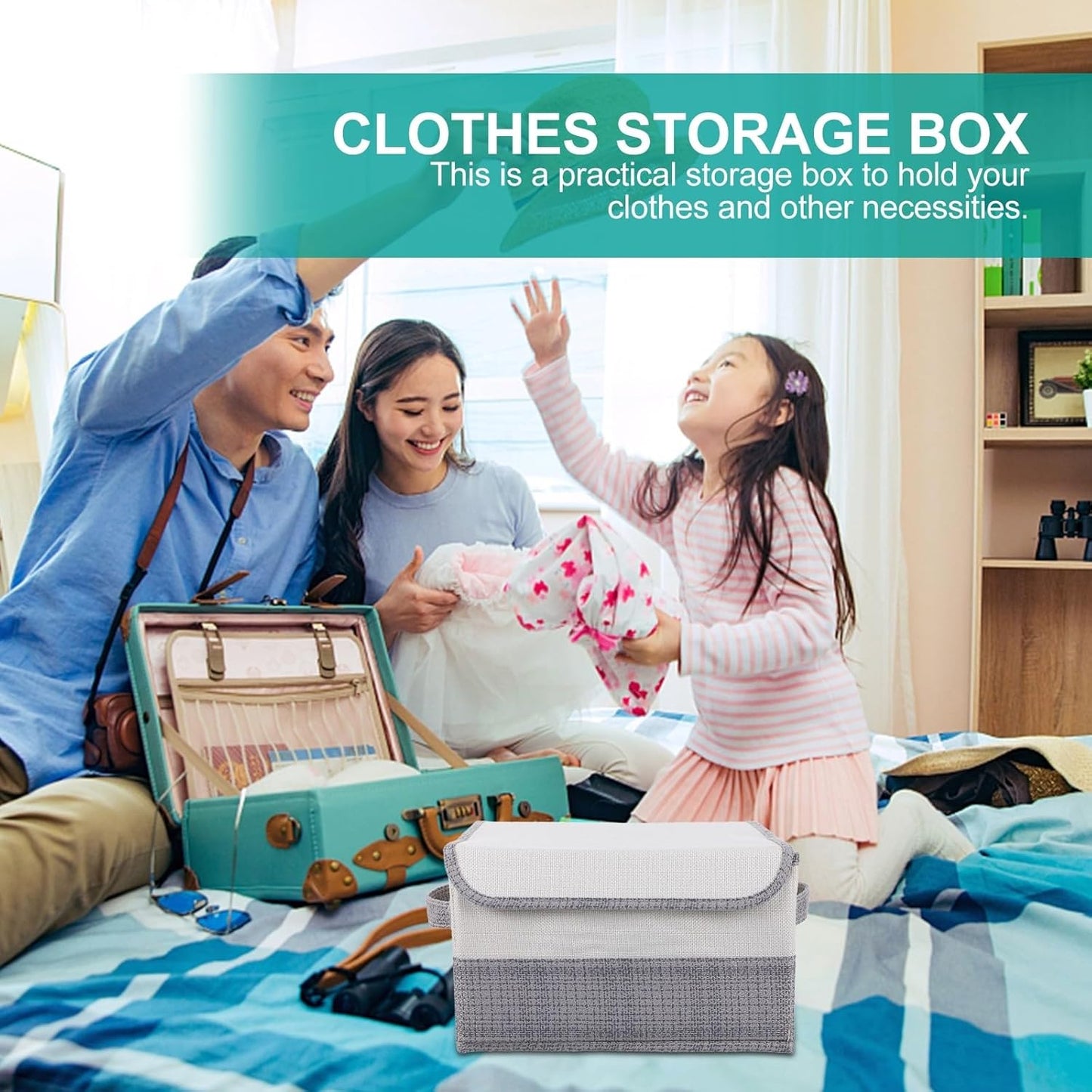 PRETYZOOM Foldable Clothes Storage Box with Lid, Fabric Organizer Bin for Home and Dormitory, Dustproof Sundries Storage Container in White and Gray, Small Size