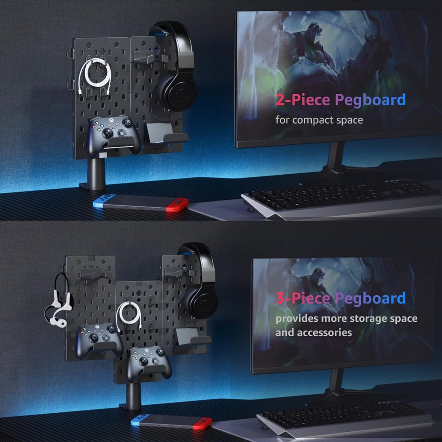 PEGZONE 3PCS Modular Headphone and Controller Holder for Game, Clamp-on Pegboard, Rotatable Controller Stand with Cable Hooks, Gaming Accessories, 3Pcs Pegboard, Black