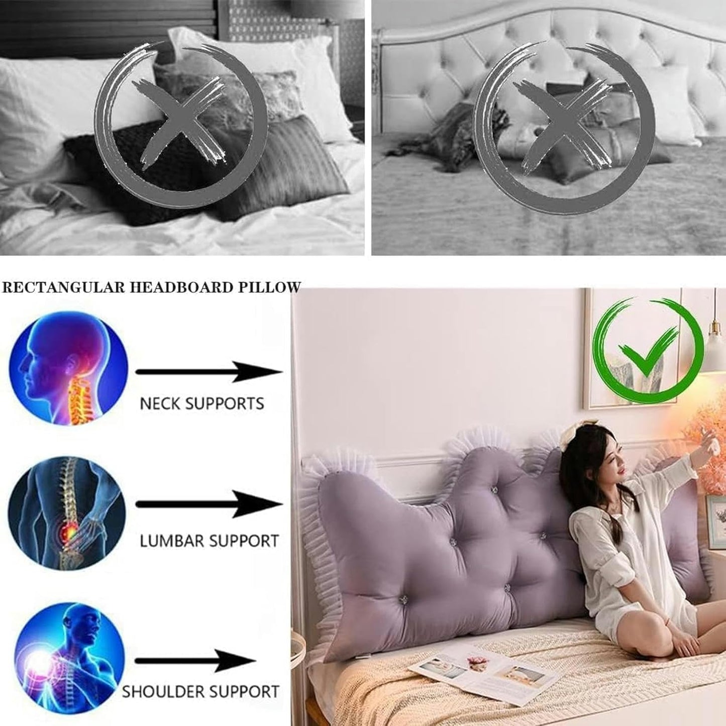 Sofa Bed Large Back Cushion, Removable Watching TV Gaming Room Headboard Support Reading Cushion Solid Color Wedge Pillow Bed Rest Pillows(Grey,90cm)
