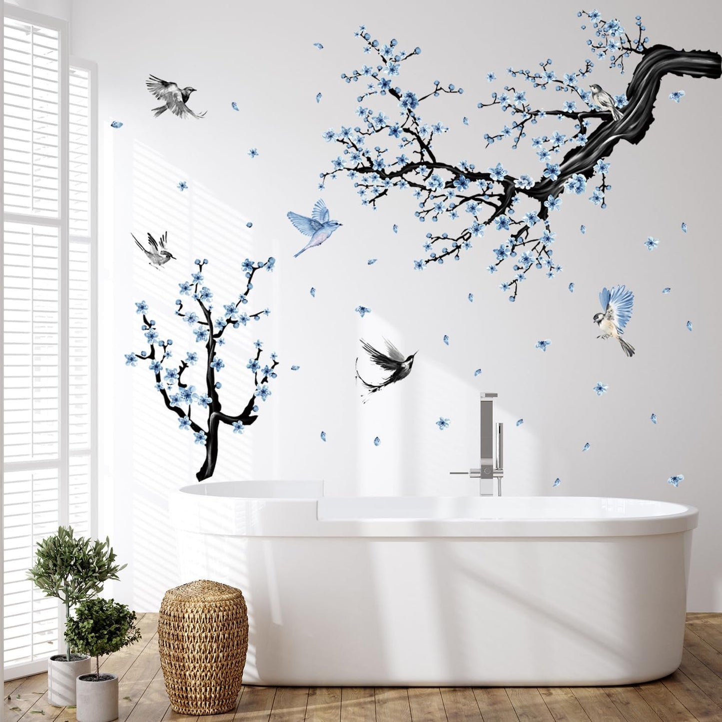 Blue Floral Wall Sticker Hanging Flower Vine Room Decor Large Tree Branch Wall Decals Peel and Stick Birds Wall Stickers for Bedroom Living Room