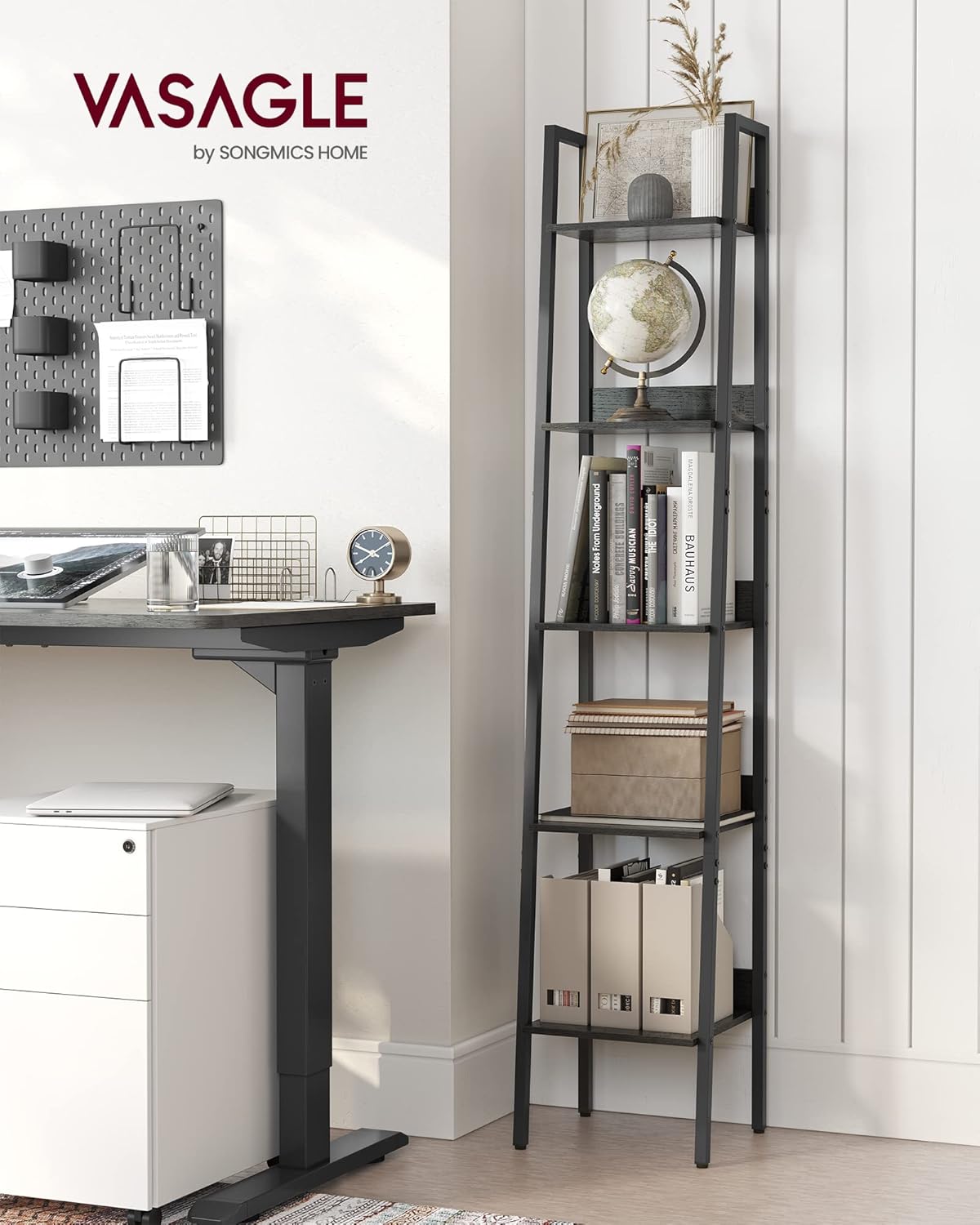VASAGLE Bookshelf, 5-Tier Narrow Book Shelf, 11.8 x 13.3 x 66.9 Inches, Ladder Shelf for Home Office, Living Room, Bedroom, Kitchen, Ebony Black and Ink Black ULLS109B56