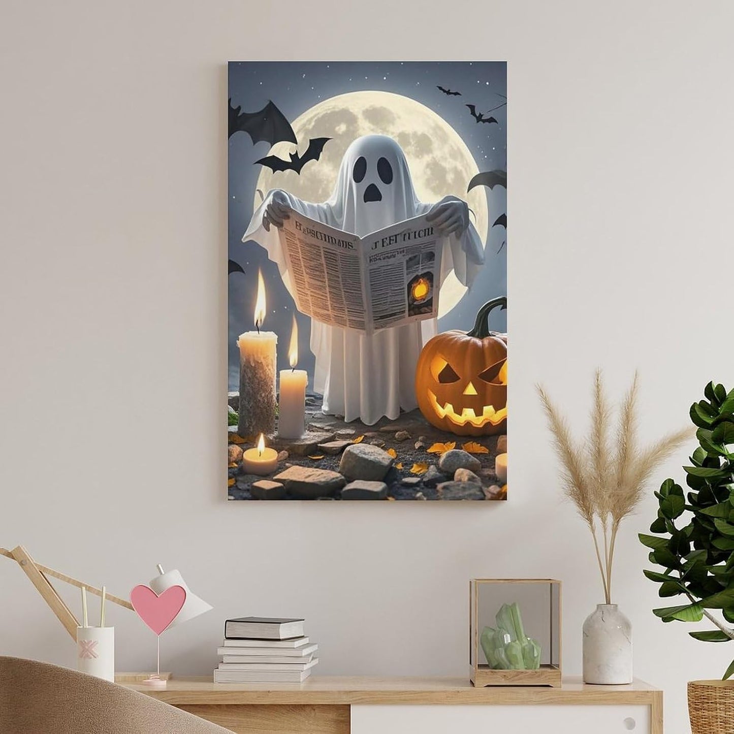 ZLFDSKGY Frame 20x30 inch (50x75 cm) Canvas Wall Art Ghost Reading Printed Wall Decor Hanging Canvas Pictures Wall Decorations Art Poster for Living Room Bedroom Bathroom