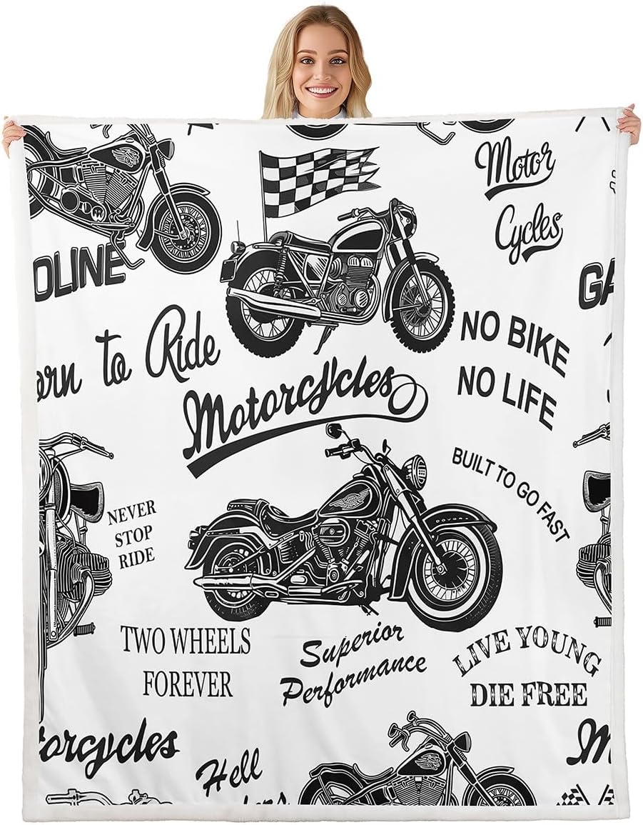 Feelyou Vintage Motorcycle Sherpa Blanket Boys Motocross Extreme Sports Fleece Throw Blanket Racing Dirt Bike 3D Motorbike Print for Sofa Bed Couch Queen 90x90 Inch