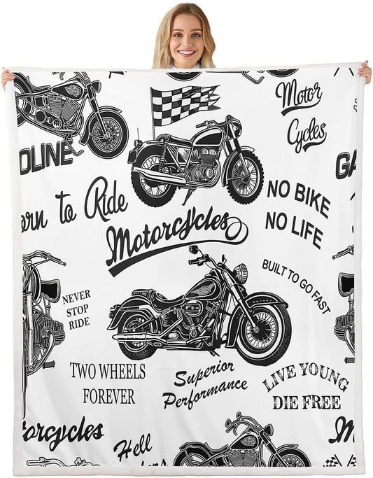 Feelyou Vintage Motorcycle Sherpa Blanket Boys Motocross Extreme Sports Fleece Throw Blanket Racing Dirt Bike 3D Motorbike Print for Sofa Bed Couch Queen 90x90 Inch
