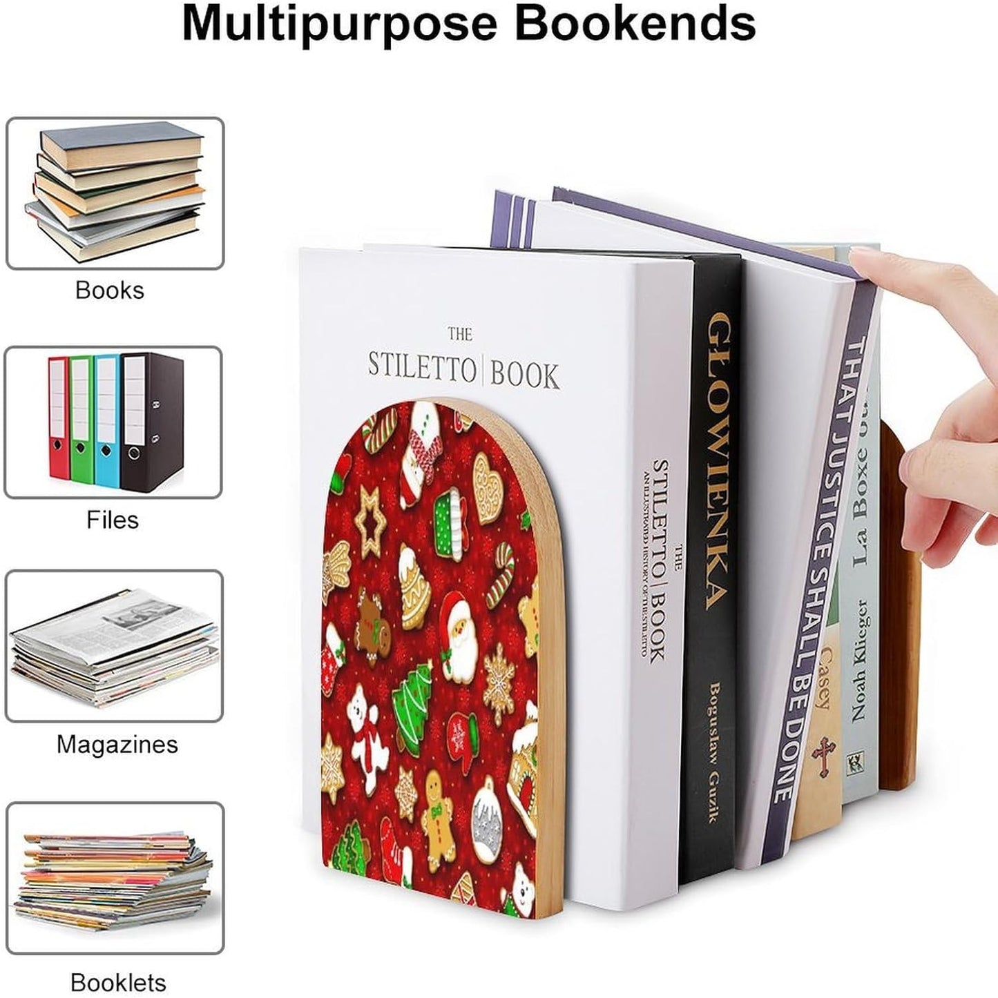 Happy Christmas Wooden Bookend Non-Slip Book Ends Heavy Duty Book Stopper with Metal Base Books Holderd Decorative Bookends Stands Firmly for Office Supplies