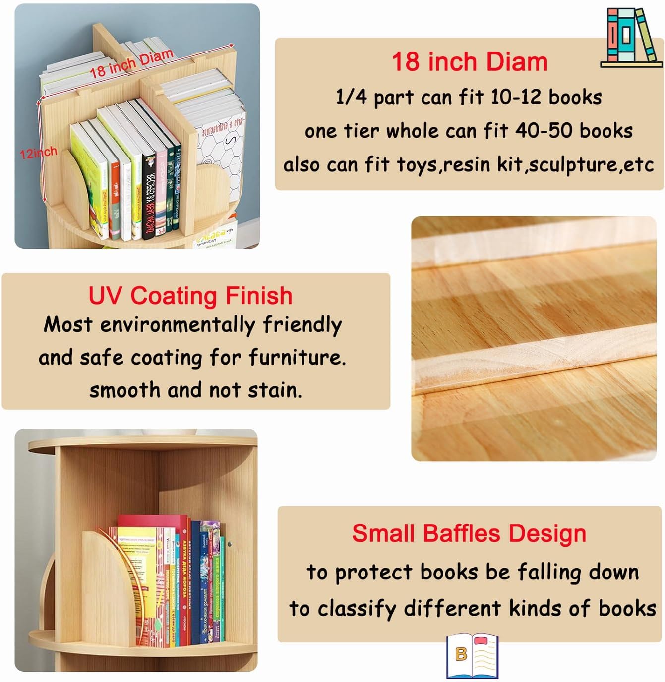 Gdrasuya10 2 Tier Rotating Bookshelf with Legs, 360 Display Revolving Bookcase Standing Bookcase Round Corner Bookshelf Wood Book Storage Display Shelves for Kids&Adults Small Space