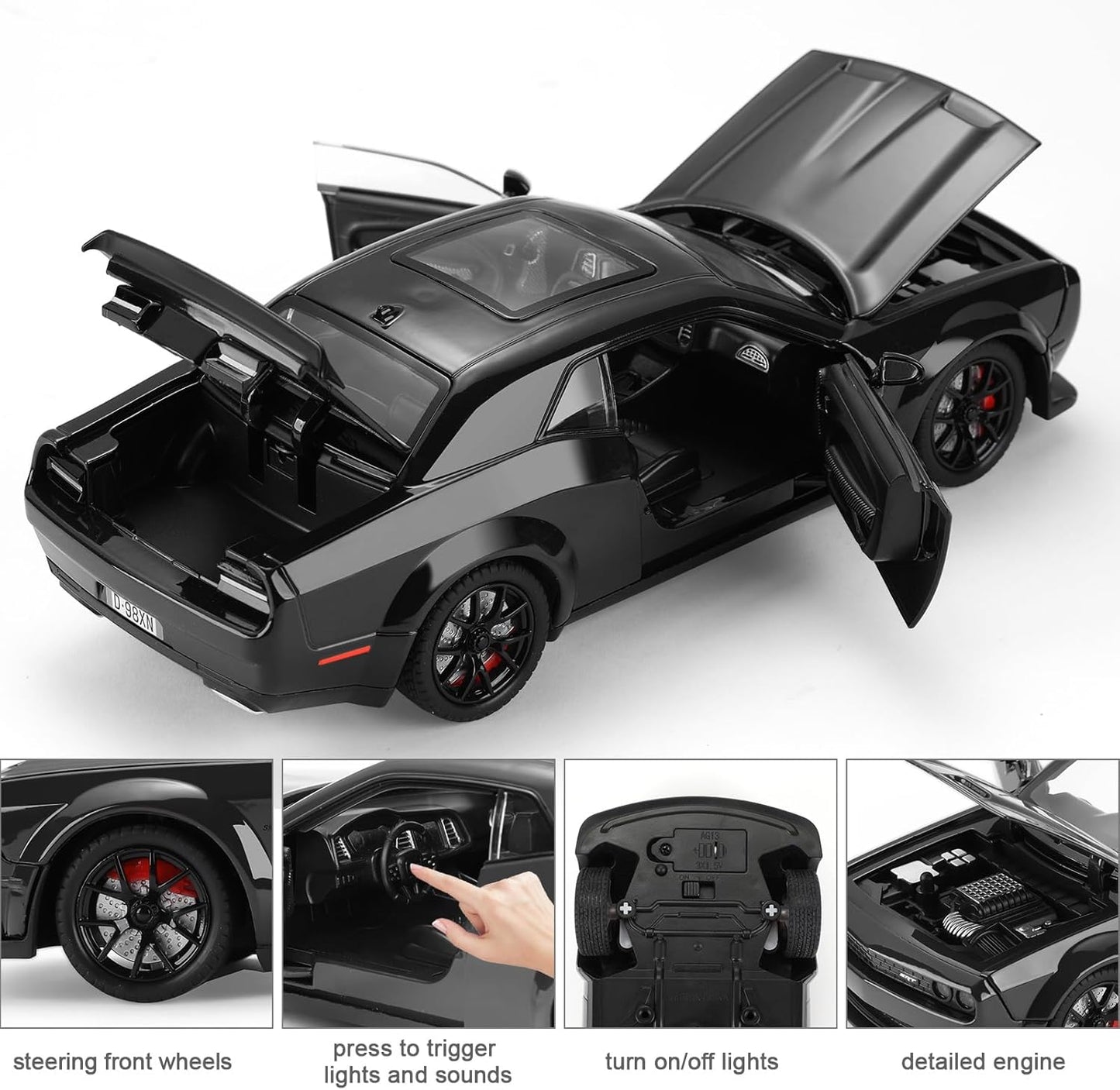 SASBSC Toy Cars for Boys Age 3-12 1:24 Car Toys Diecast Metal Car Model with Light & Sound Collectable Muscle Super Cars for Kids (Black)