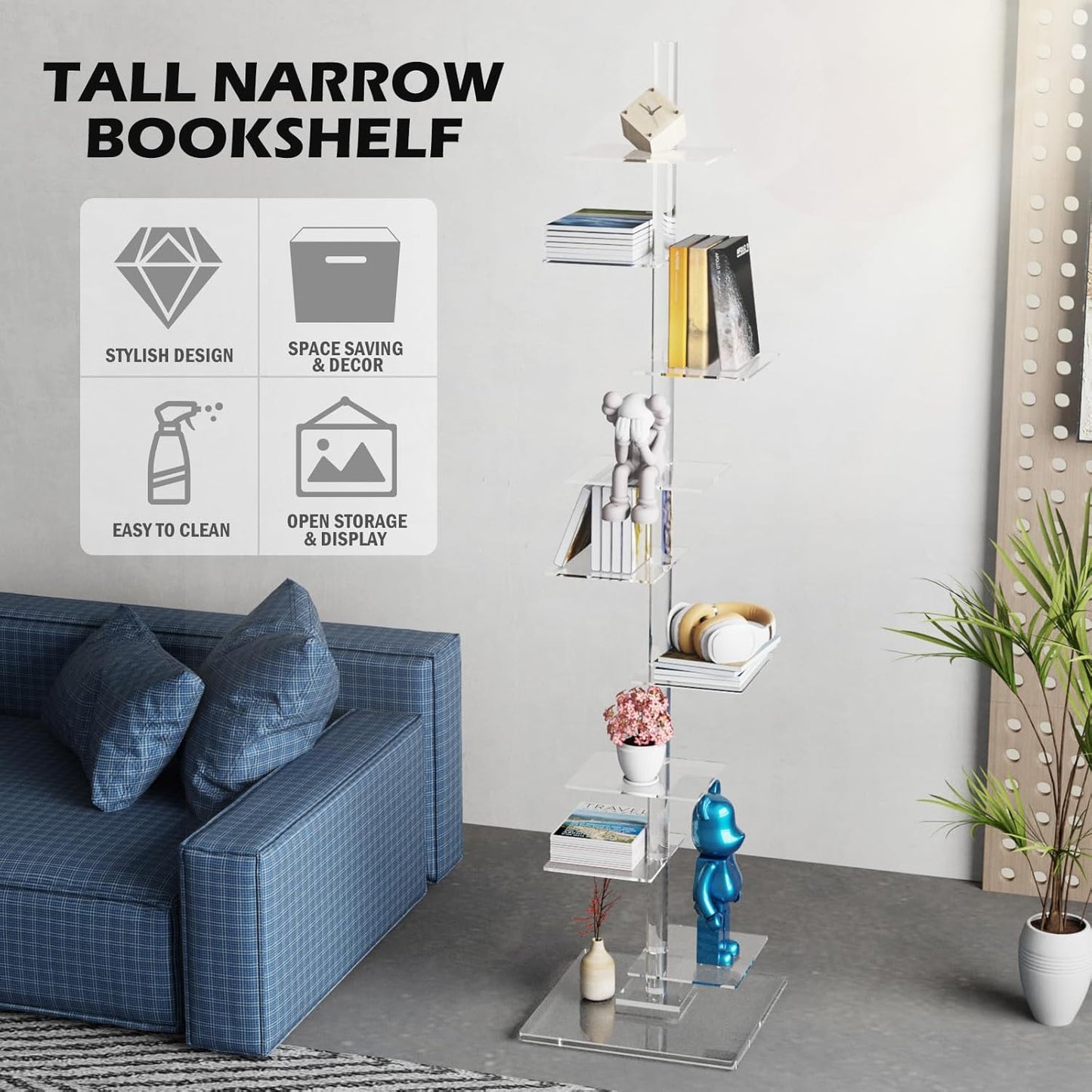 Nynelly 9 Tier Acrylic Bookshelf Invisible Bookshelf, Height Adjustable Vertical Spine Book Tower, Floor Standing Bookcase Display Shelf for Books,Decor, DIY Open Bookcase for Office, Living Room