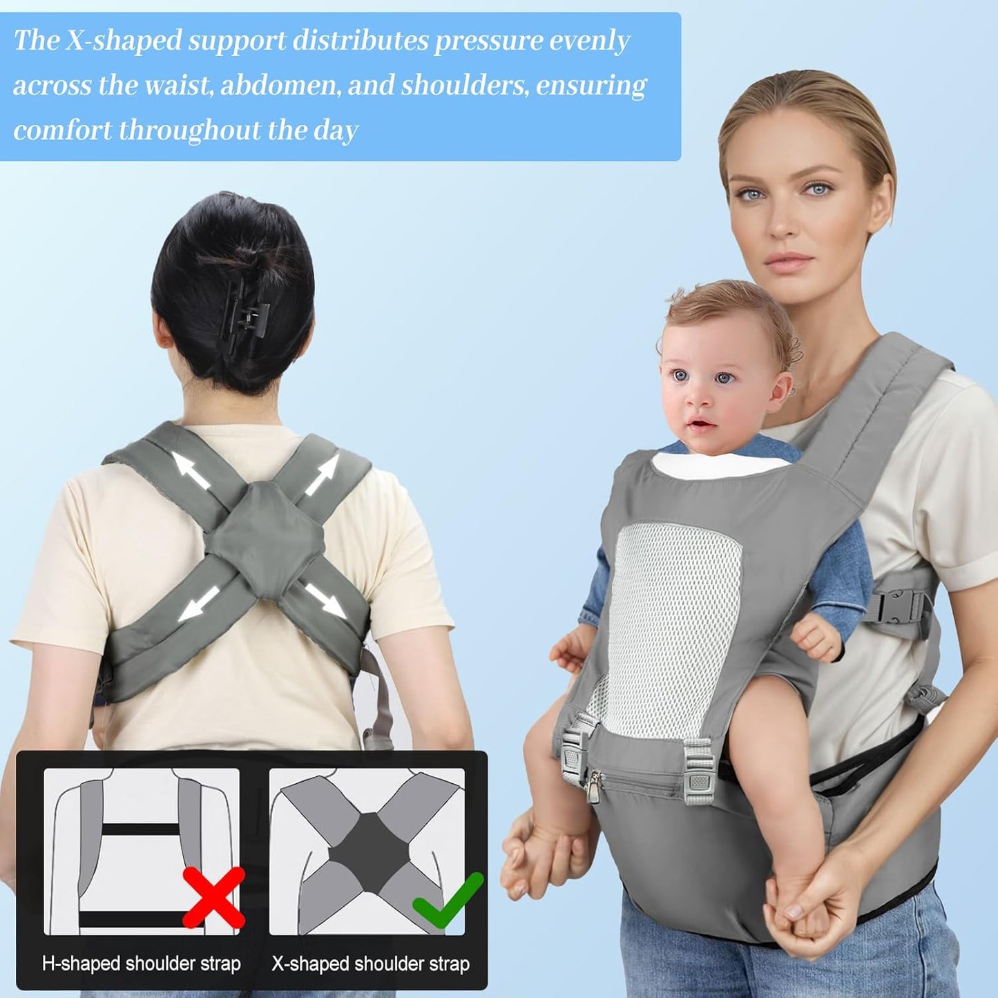 Baby Carrier with Hip Seat,Safety-Certified 2-in-1 Baby Carrier Newborn to Toddler, Adjustable Detachable Infant Hip Seat for Baby 44lbs, Comfortable Lightweight, Baby Bibs for Boys and Girls, Gray
