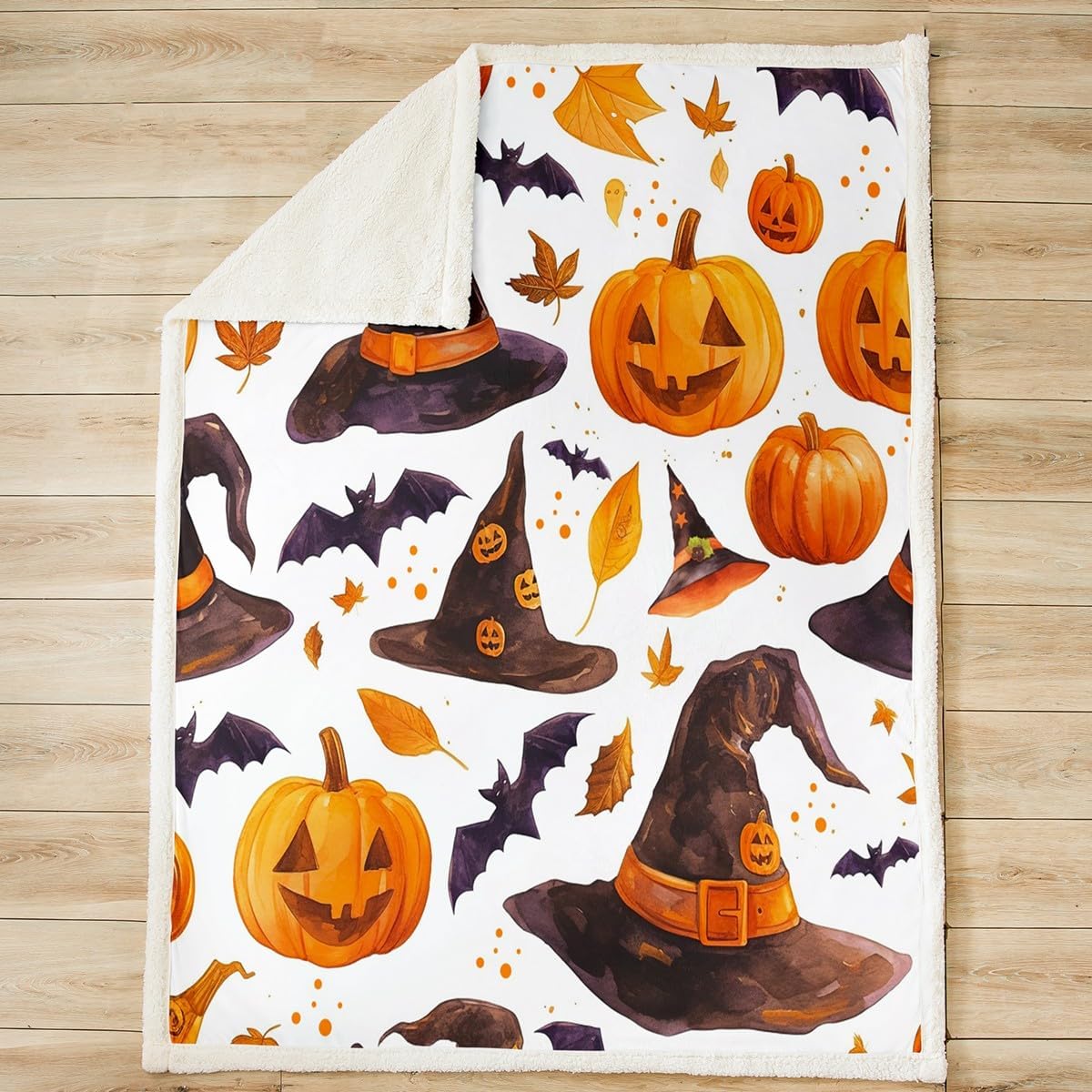 Halloween Decorations Fleece Flannel Throws Pumpkin Bats Throw Blankets Toddlers Teens Adults Halloween Hat Themed Soft Cozy Fleece Blankets Black Orange for Sofa Bed Couch,Throw 50x60 Inches