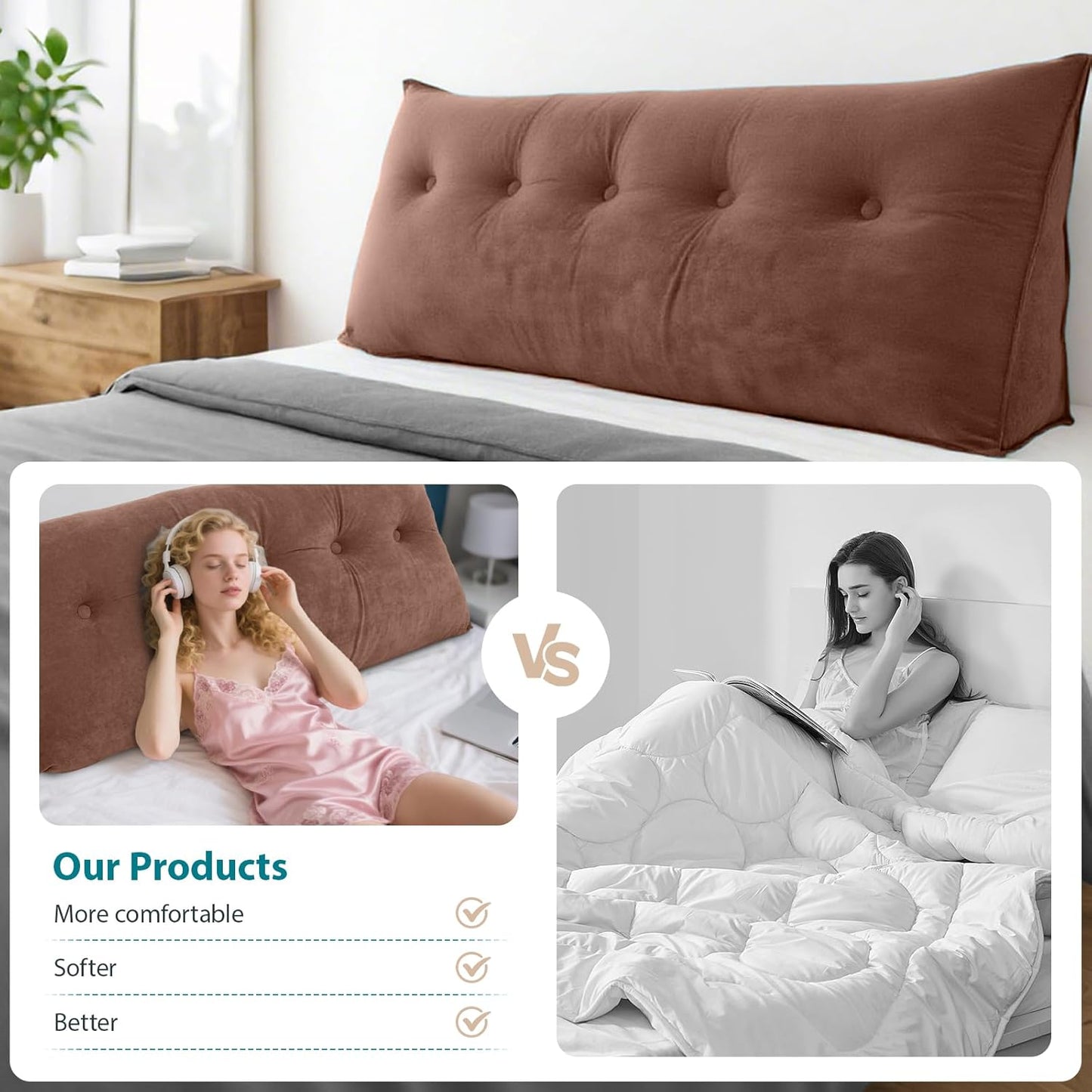 FAHKNS Wedge Pillow Headboard King, Removable Bed Wedge Pillow, Triangle Headboard Pillow for Bed, Sofa, Patio, Glass Window Floor, Brown