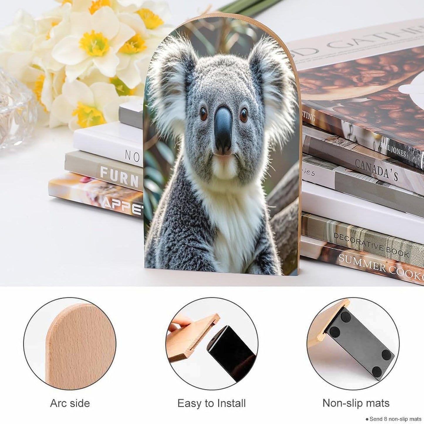Lovely Koala Bookends 1 Pair Heavy Duty Book Ends for Shelves Non-Skid Bookend Supports Wooden Book Holders with Metal Base Desk Organizers Books Storage to Hold Books