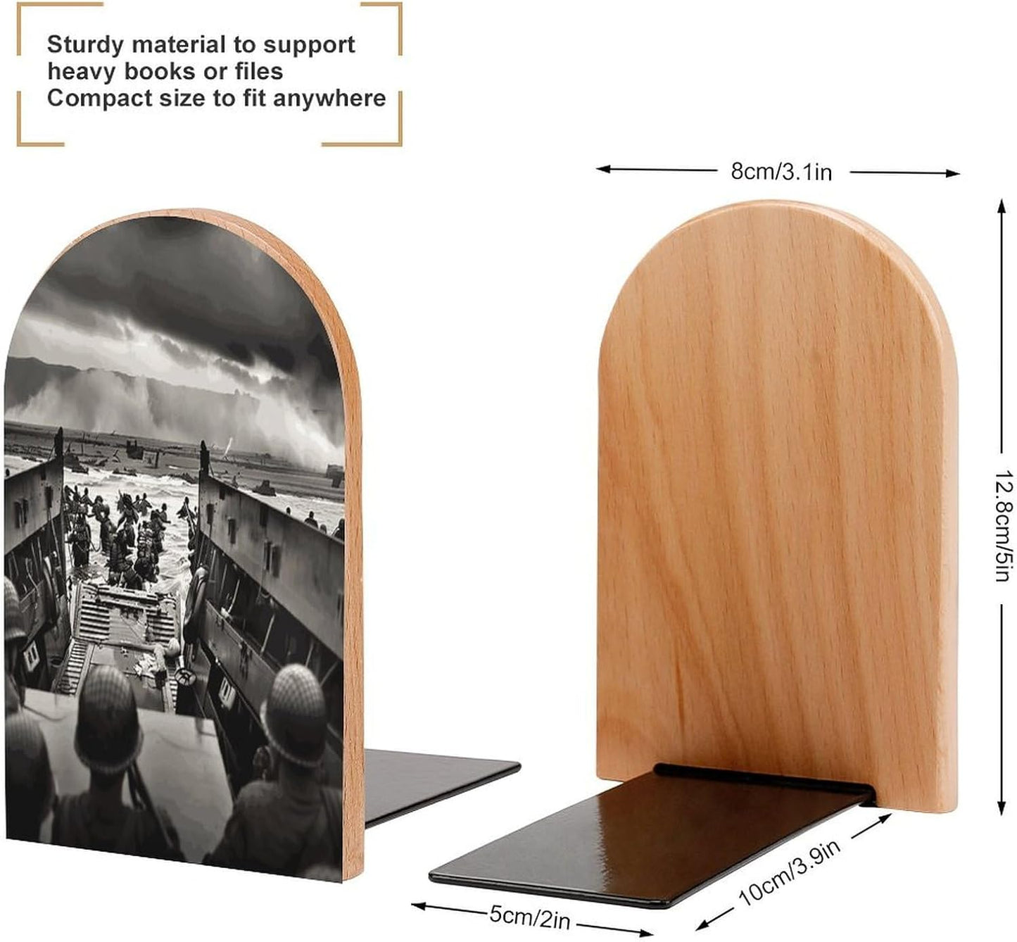 Photo of Normandy Landings Bookends 1 Pair Heavy Duty Book Ends for Shelves Non-Skid Bookend Supports Wooden Book Holders with Metal Base Desk Organizers Books Storage to Hold Books