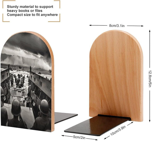Photo of Normandy Landings Bookends 1 Pair Heavy Duty Book Ends for Shelves Non-Skid Bookend Supports Wooden Book Holders with Metal Base Desk Organizers Books Storage to Hold Books