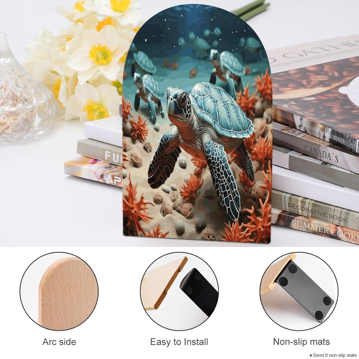 Turtle Starfish Bookend for Shelves Wooden Book End Large Size Sturdy Book Holders Stoppers with Metal Base for Bookshelves Slick Decorative Bookends Stands