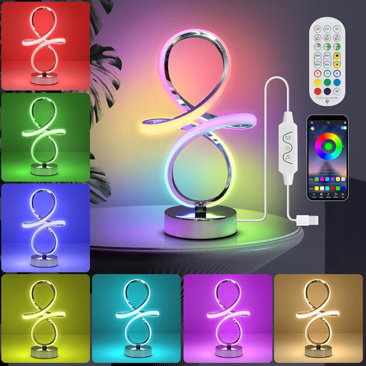 Modern RGB Table Lamps, LED Spiral Table Lamp, Silver Bedside Lamp with Remote&APP, Multicolor Changing Nightstand Lamp with Music Rhythm Modes for Bedroom, Living Room, Gaming Room, Christmas Gifts