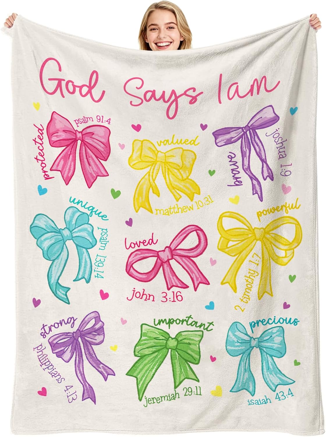 Bow Christian Throw Blanket, Bow Coquettte Bible Verse Flannel Blanket, God Says I Am Inspirational Religious Gifts for Women Girls Daughter Jesus Prayer Home Decor Gift 50 x 60 Inch