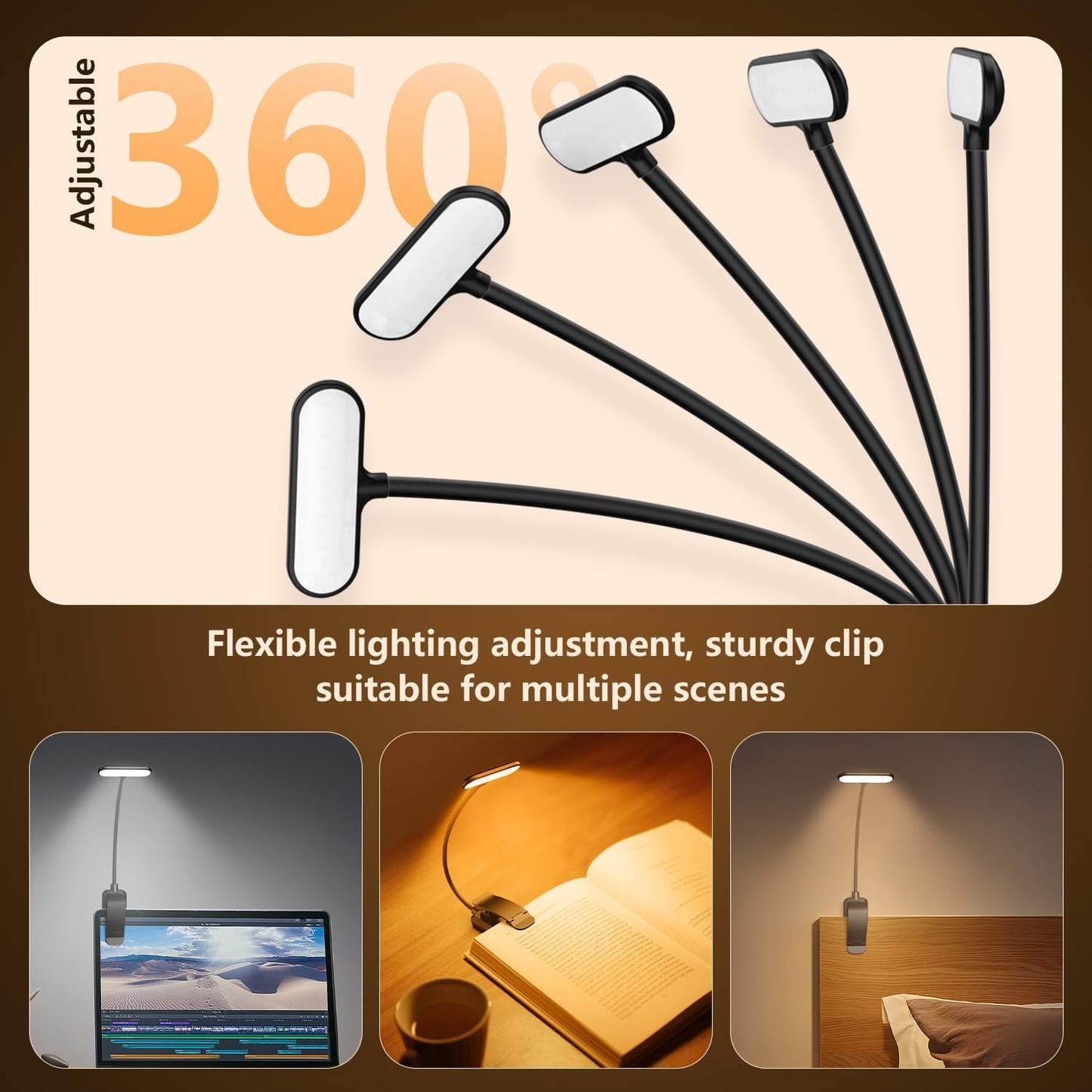 20 Led Book Light Clip On, USB Rechargeable Reading Light, Eye Caring 3 Color Temperatures, Adjustable Brightness, Portable, Sturdy Clamp Light Suitable for Traveling and People Studying Etc.