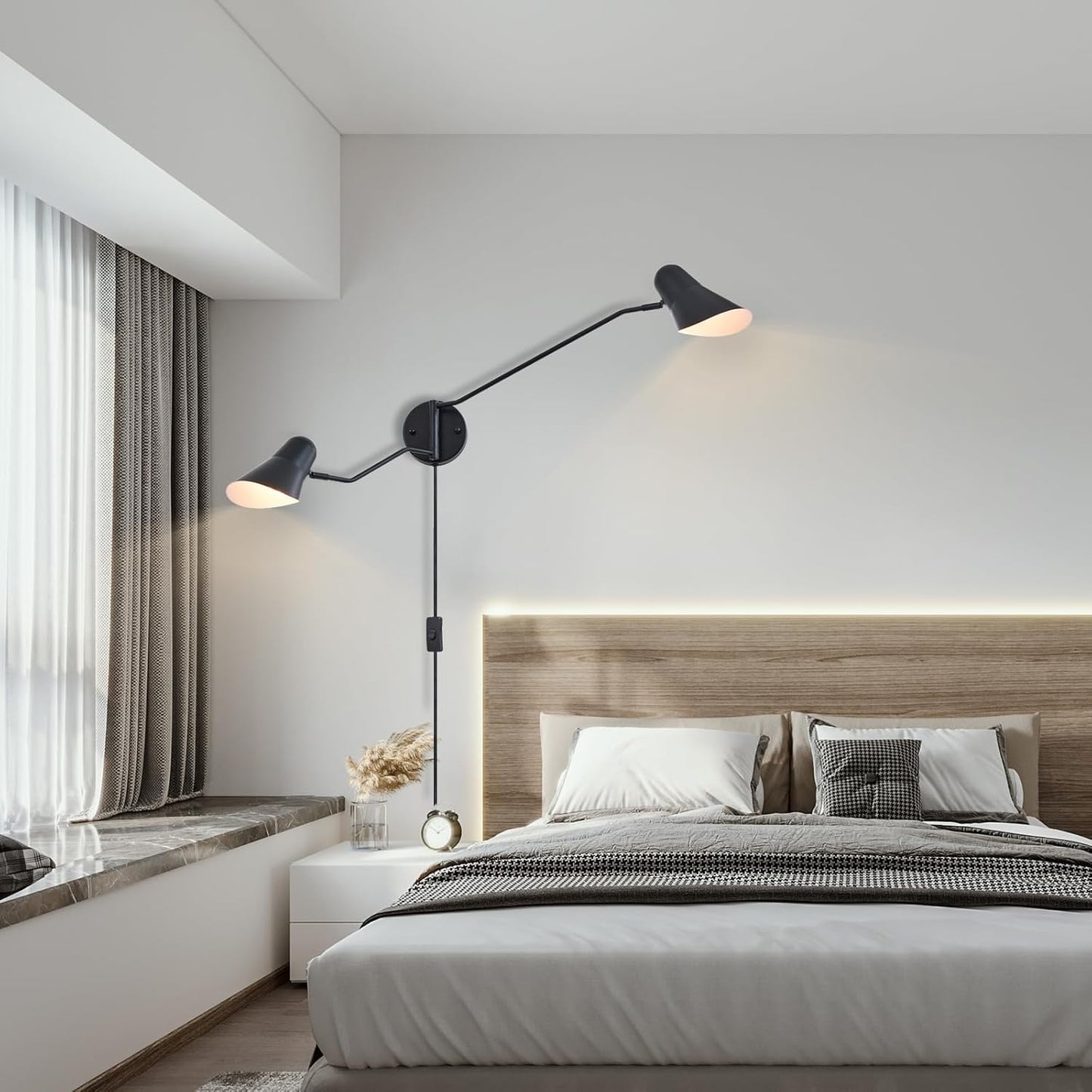 Modern 2-Lights Swing Arm Wall Sconces Black Plug in Wall Light 180° Rotatable Wall Mount Lamp with ON/Off Cord for Bedroom, Living Room, E26 Base