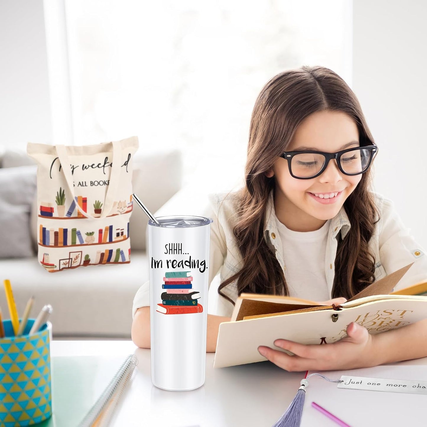 Fuutreo Book Lovers Gift Sets Include 20 oz Stainless Steel Tumbler Cup with Lid Library Canvas Tote Bag Leather Journals with Inspirational Words Books Club Gifts for Book Lovers' Day Reader